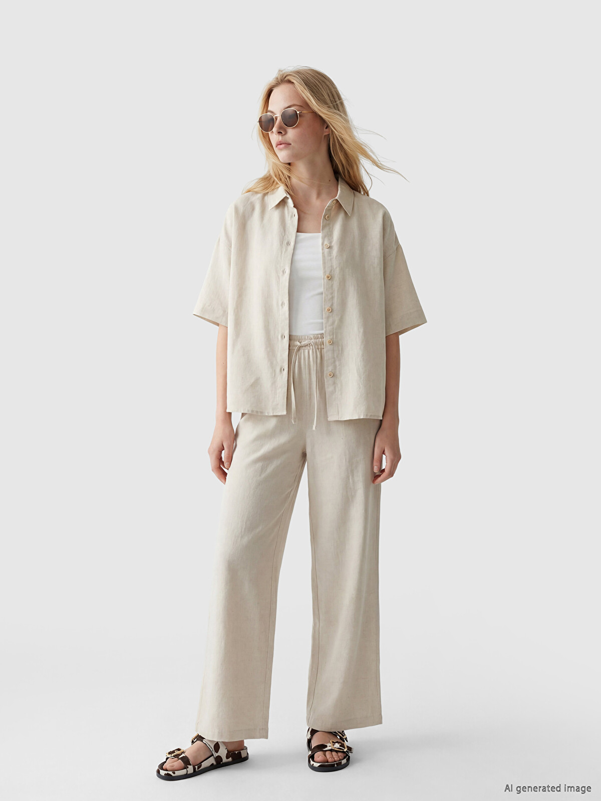 るー XSIDE Pantaloni din amestec de in cu talie elastică pentru femei