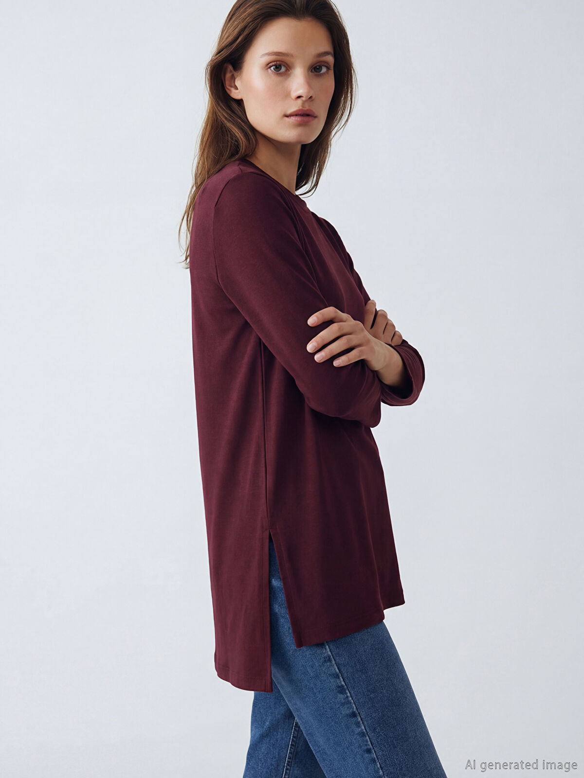 LCW Modest Mürdüm Soft Touch Oversize Kadın Sweatshirt Tunik