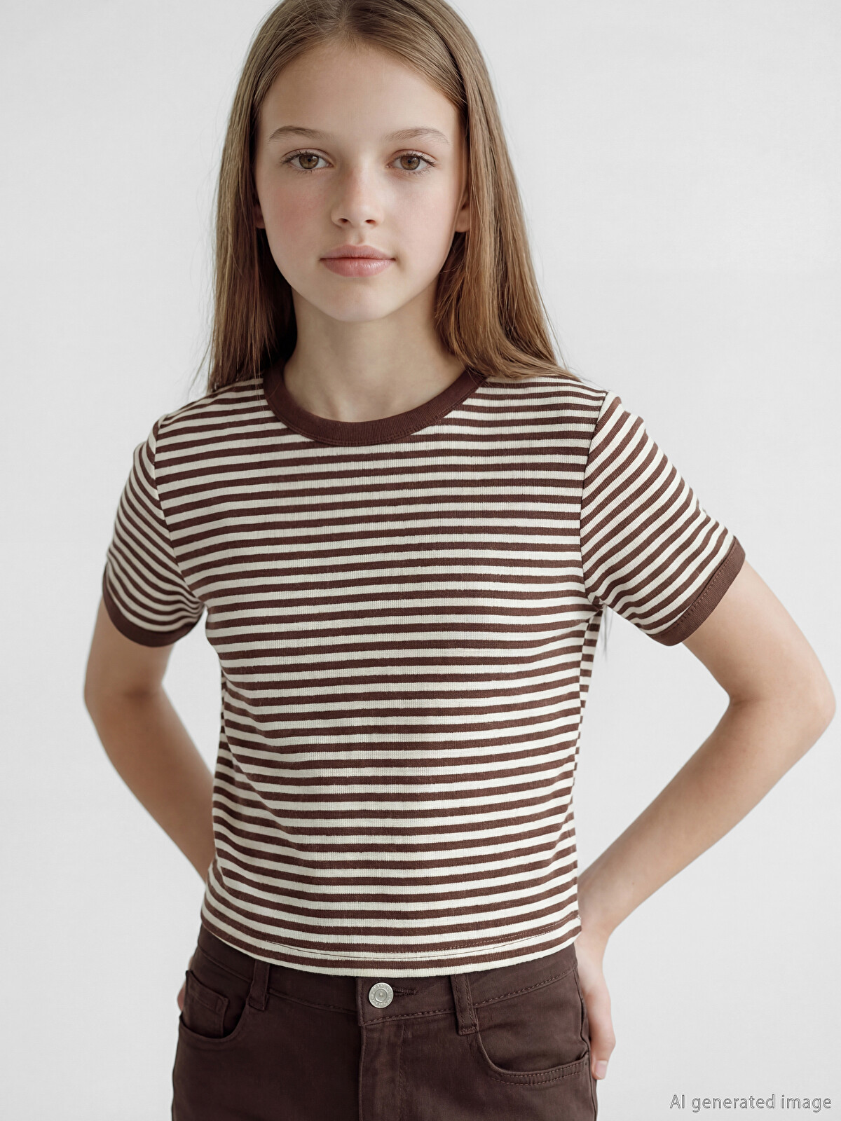 LCW Kids Kahverengi Bisiklet Yaka Simli Çizgili Kız Çocuk Tişört