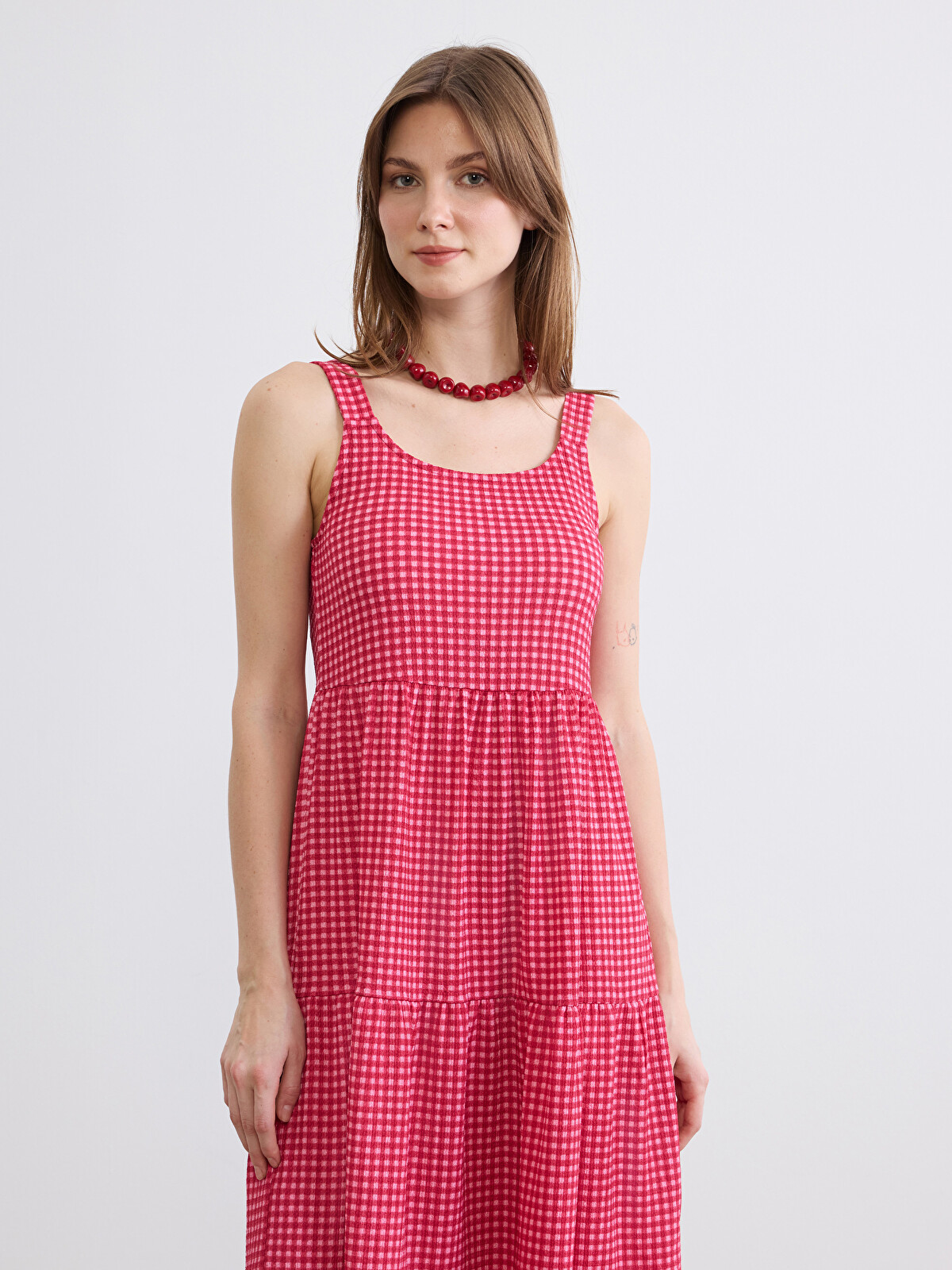 LCW Comfort U Neck Plaid Layered Dress - S6L653Z8-LT9 | LC Waikiki