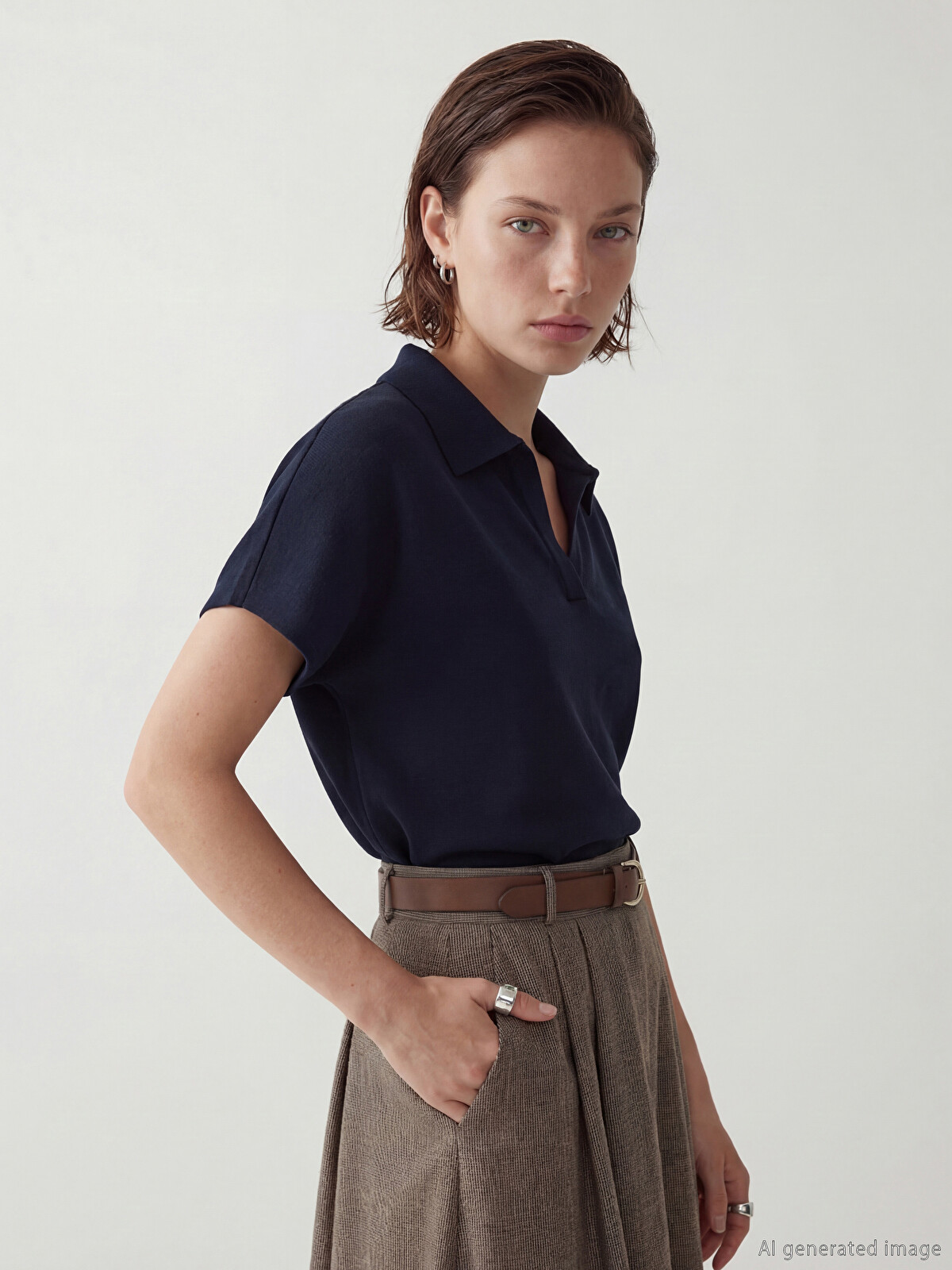 LCW STUDIO Lacivert Polo Yaka Kadın Tişört - S6L674Z8-DDG | LCW