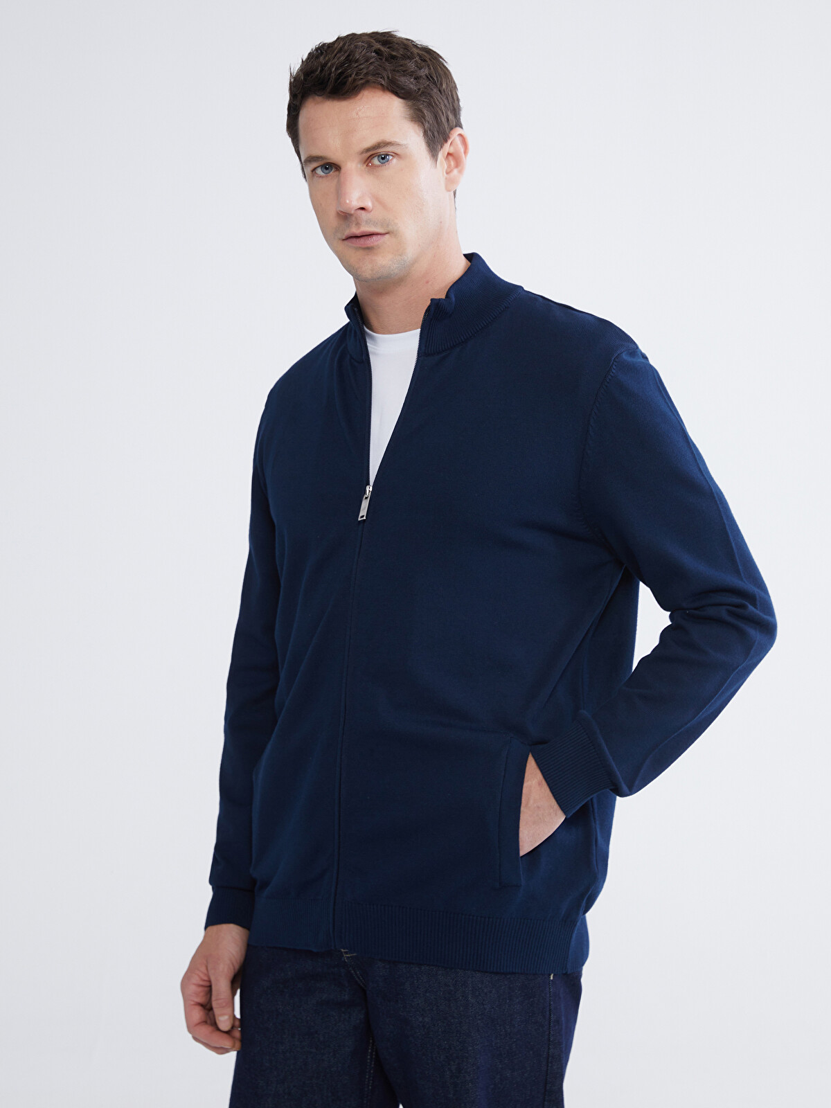 wu★秋冬純毛ブルーグレイ bluegray無地６釦Ｗソフトスーツ-L LCWAIKIKI Classic Mock Neck Men's Knitted Cardigan - S6LB06Z8-RFH