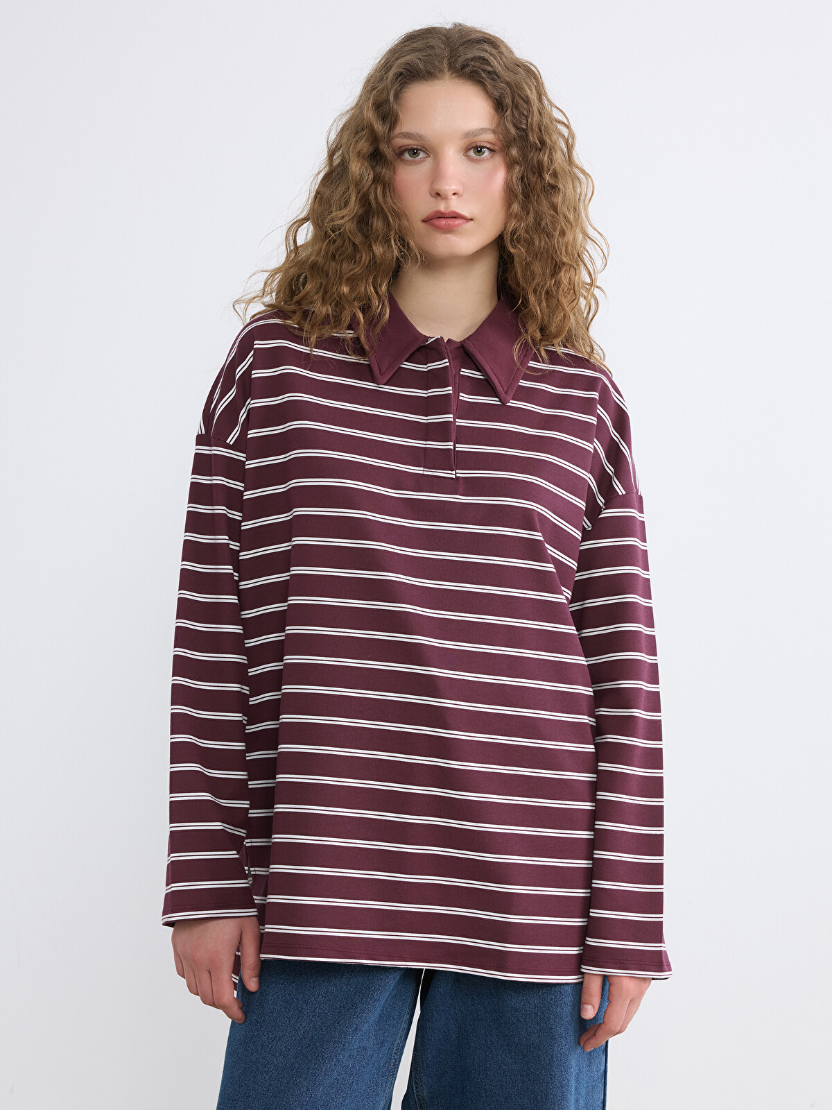 LCW Modest Mürdüm Polo Yaka Çizgili Kadın Sweatshirt Tunik