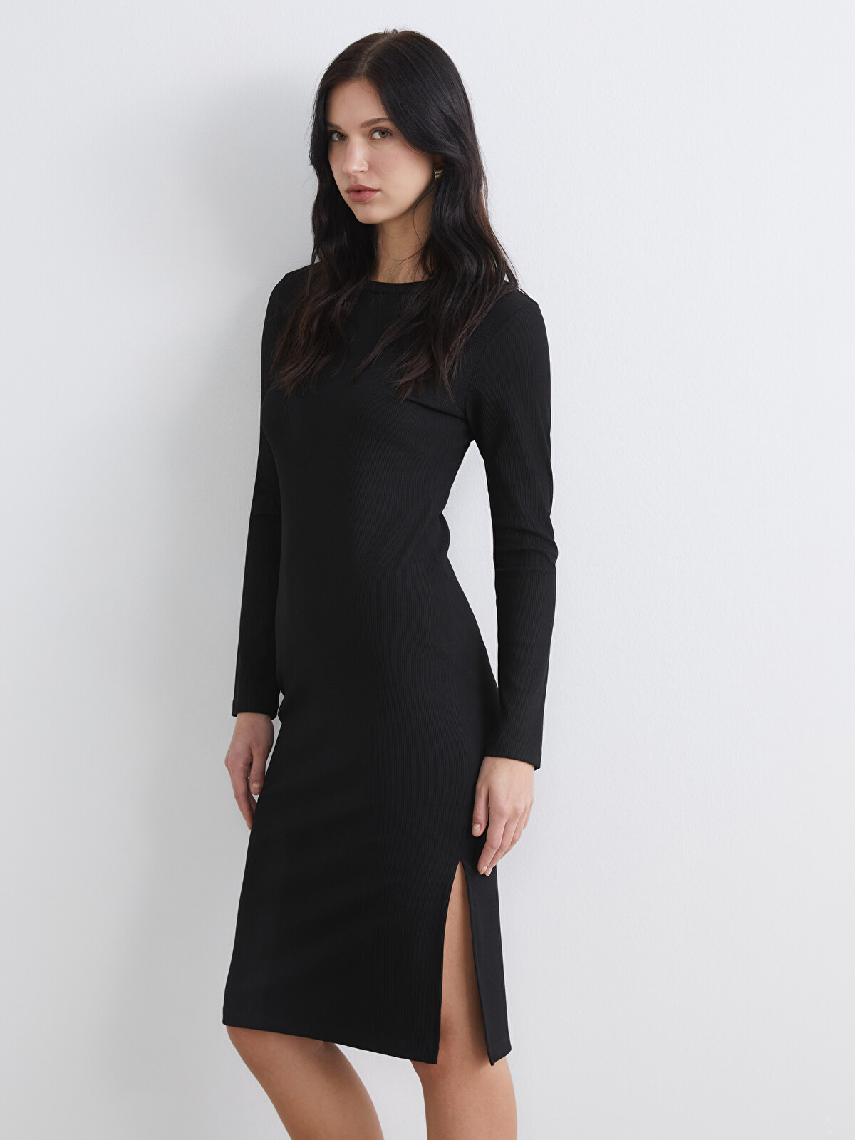 LCW Comfort Ribbed dress with a crew neck. - S6LF13Z8-CVL - LC Waikiki