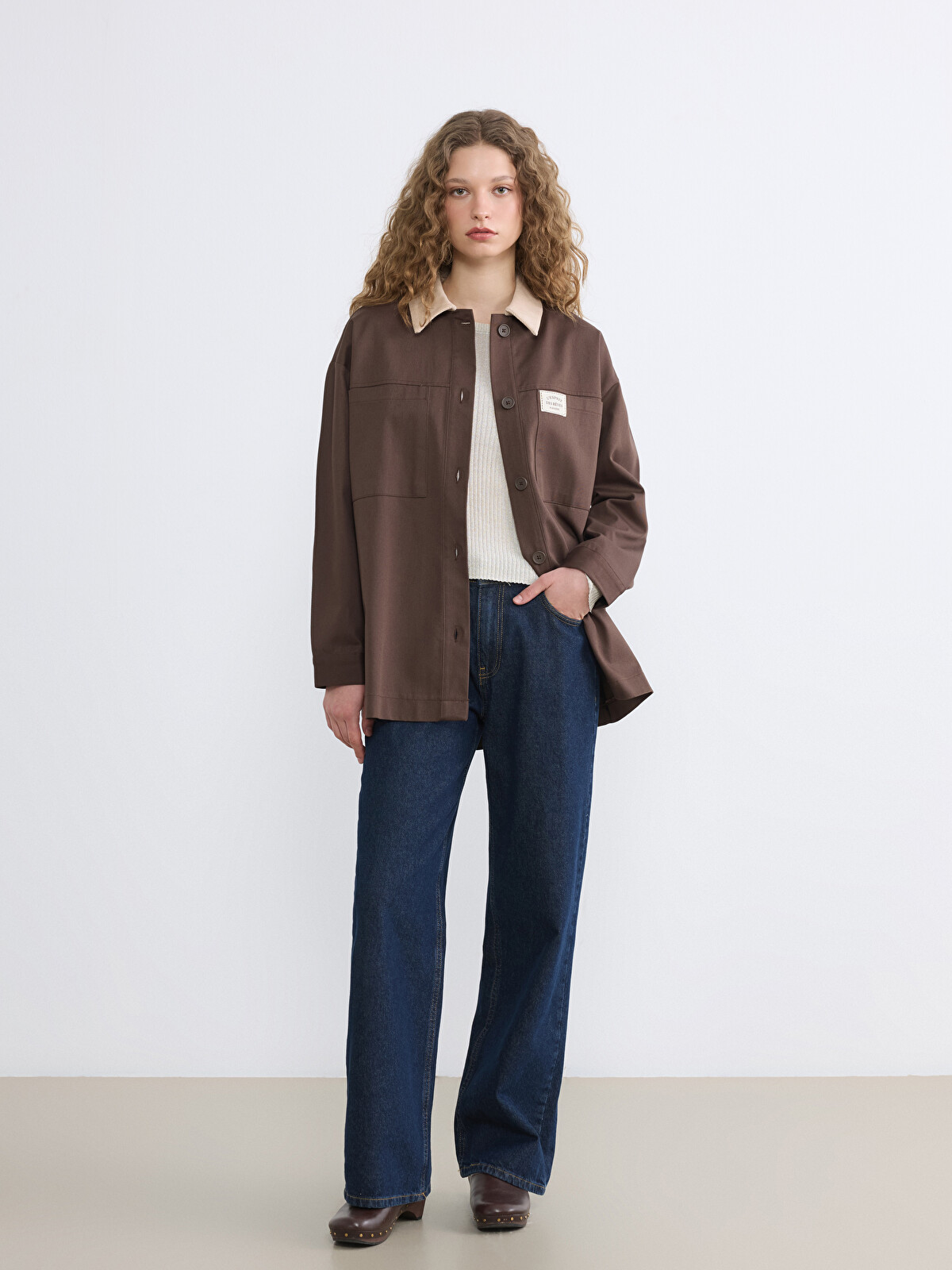LCW Modest Kahverengi Kontrast Yaka Oversize Kadın Ceket