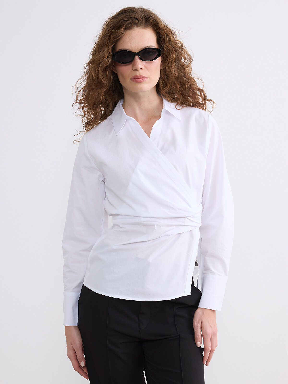 LCW STUDIO Shirt Collar Crossover Ruched Blouse - S6LL98Z8-Q6K