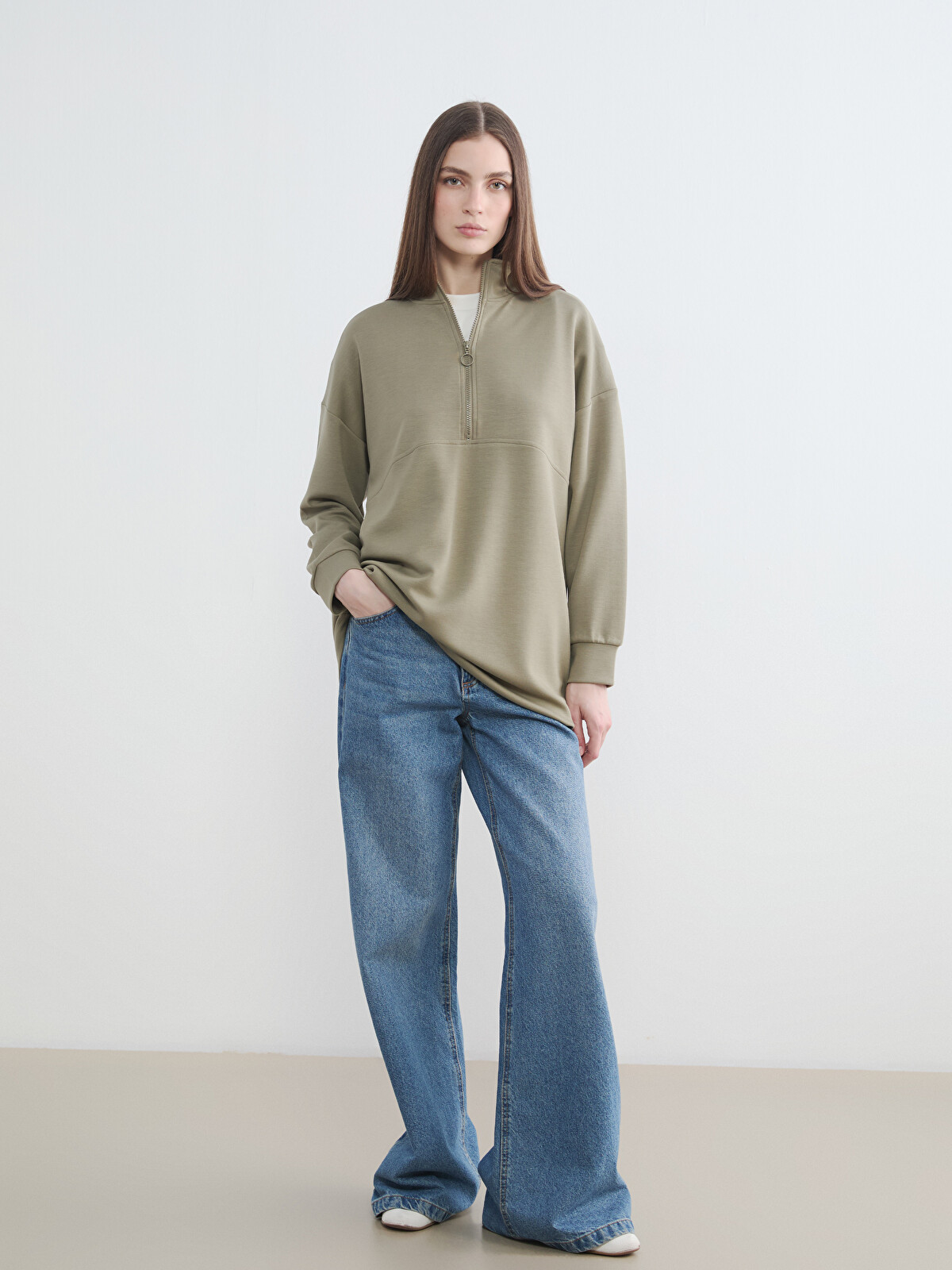 LCW Modest Haki Dik Yaka Soft Touch Kadın Sweatshirt Tunik