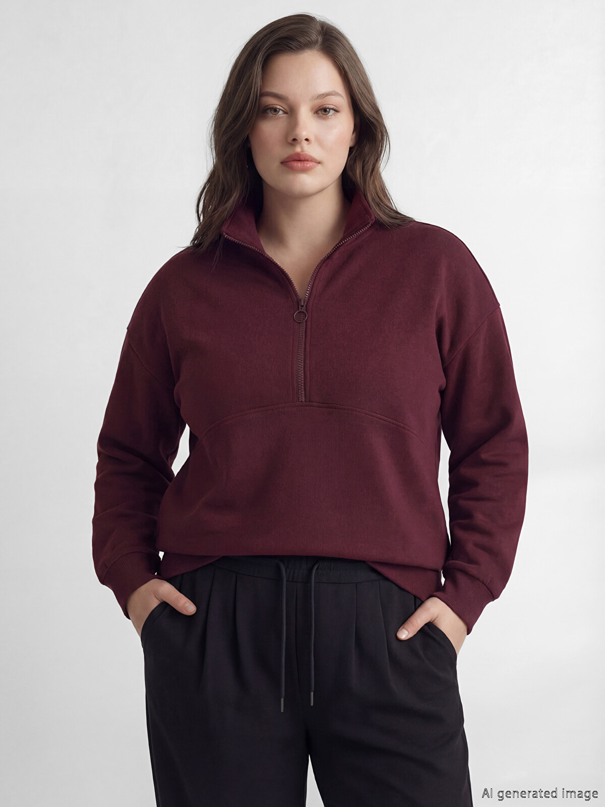 LCW Modest Mürdüm Dik Yaka Soft Touch Kadın Sweatshirt Tunik