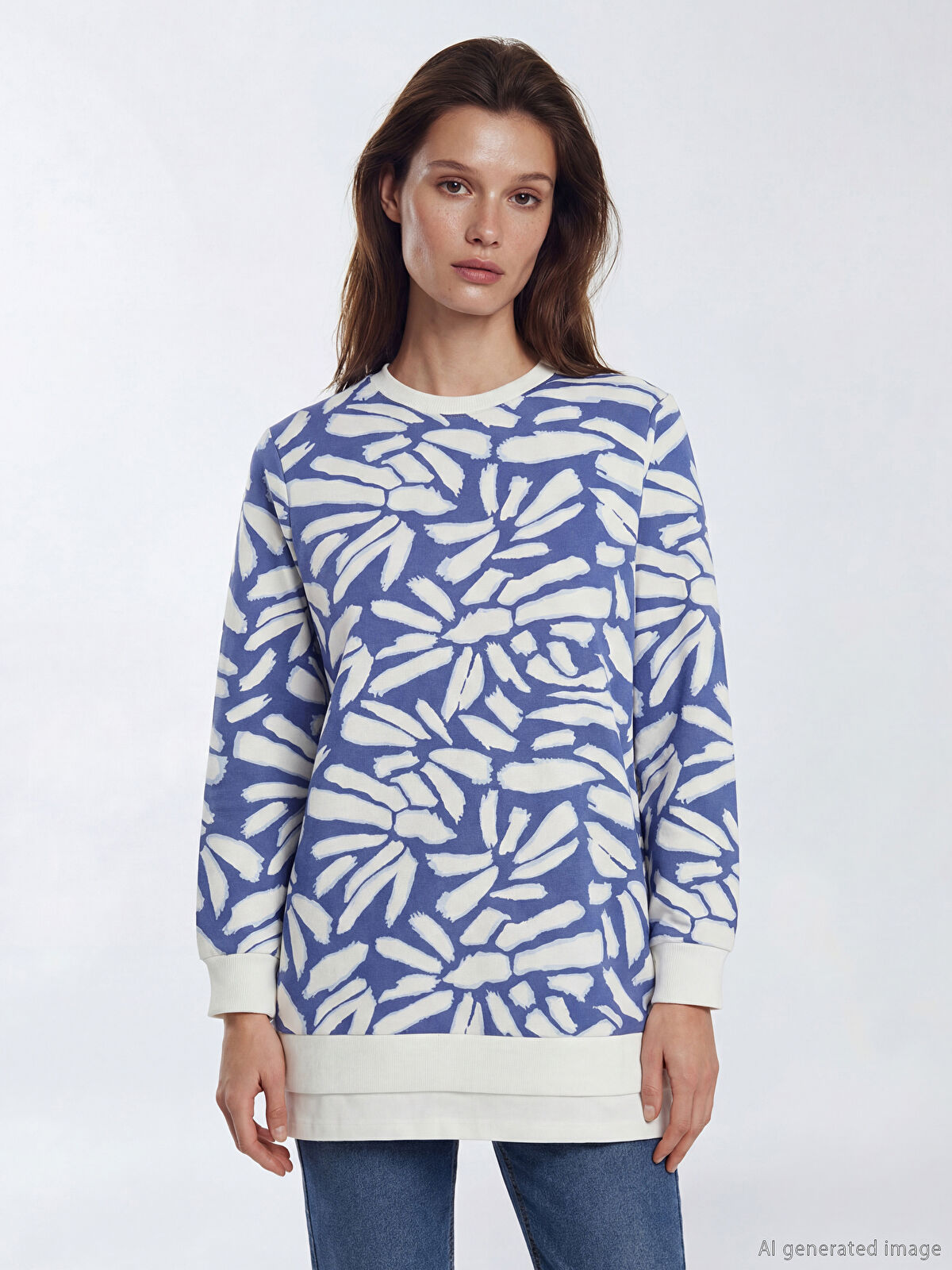 LCW Modest Bisiklet Yaka Desenli Kadın Sweatshirt Tunik