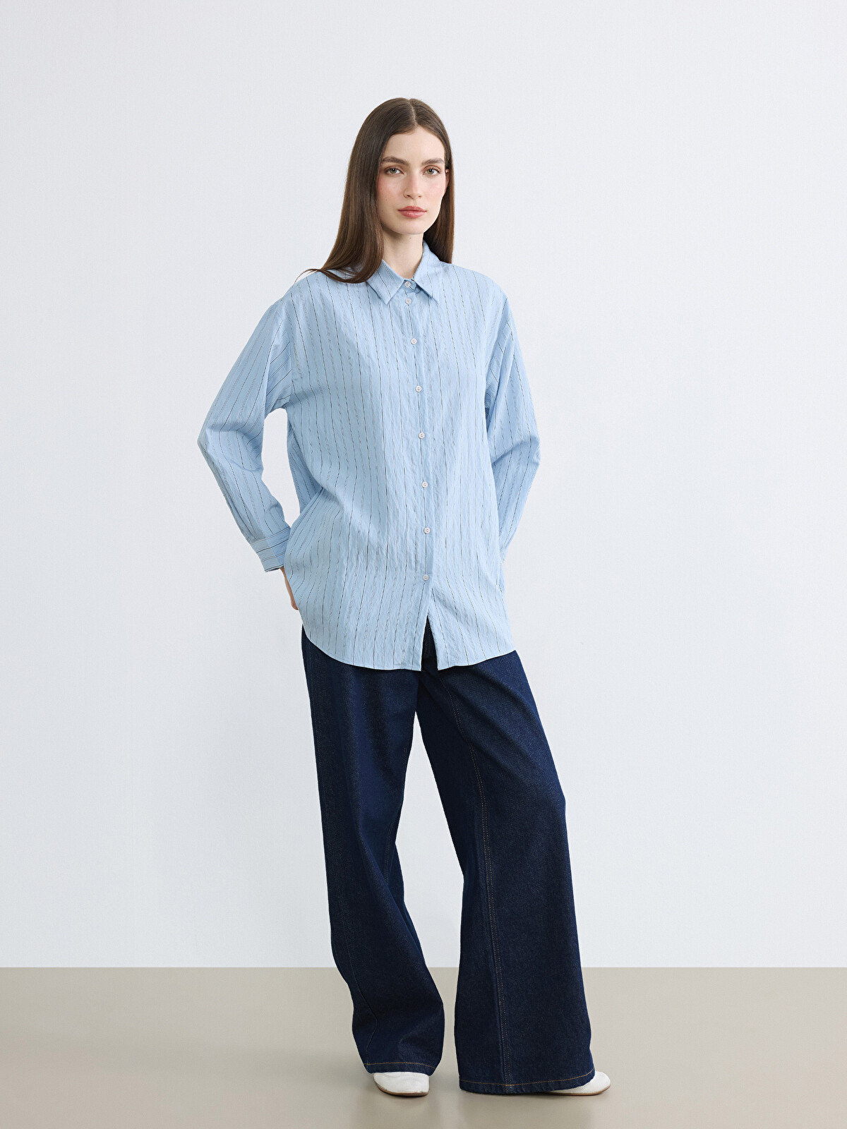 LCW Modest Striped Women's Shirt Tunic - S6LR27Z8-LEN | LC Waikiki