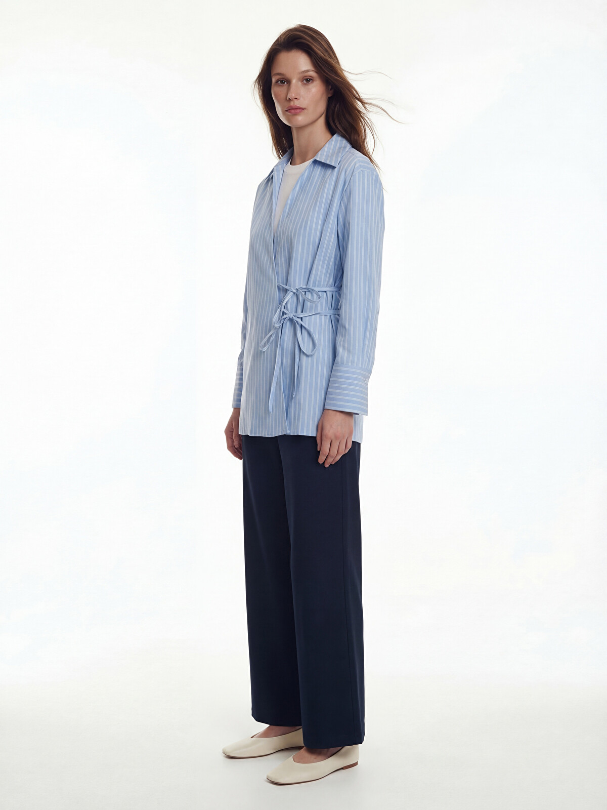 LCW Modest Mavi Kruvaze Yaka Çizgili Poplin Kadın Tunik - S6LR48Z8