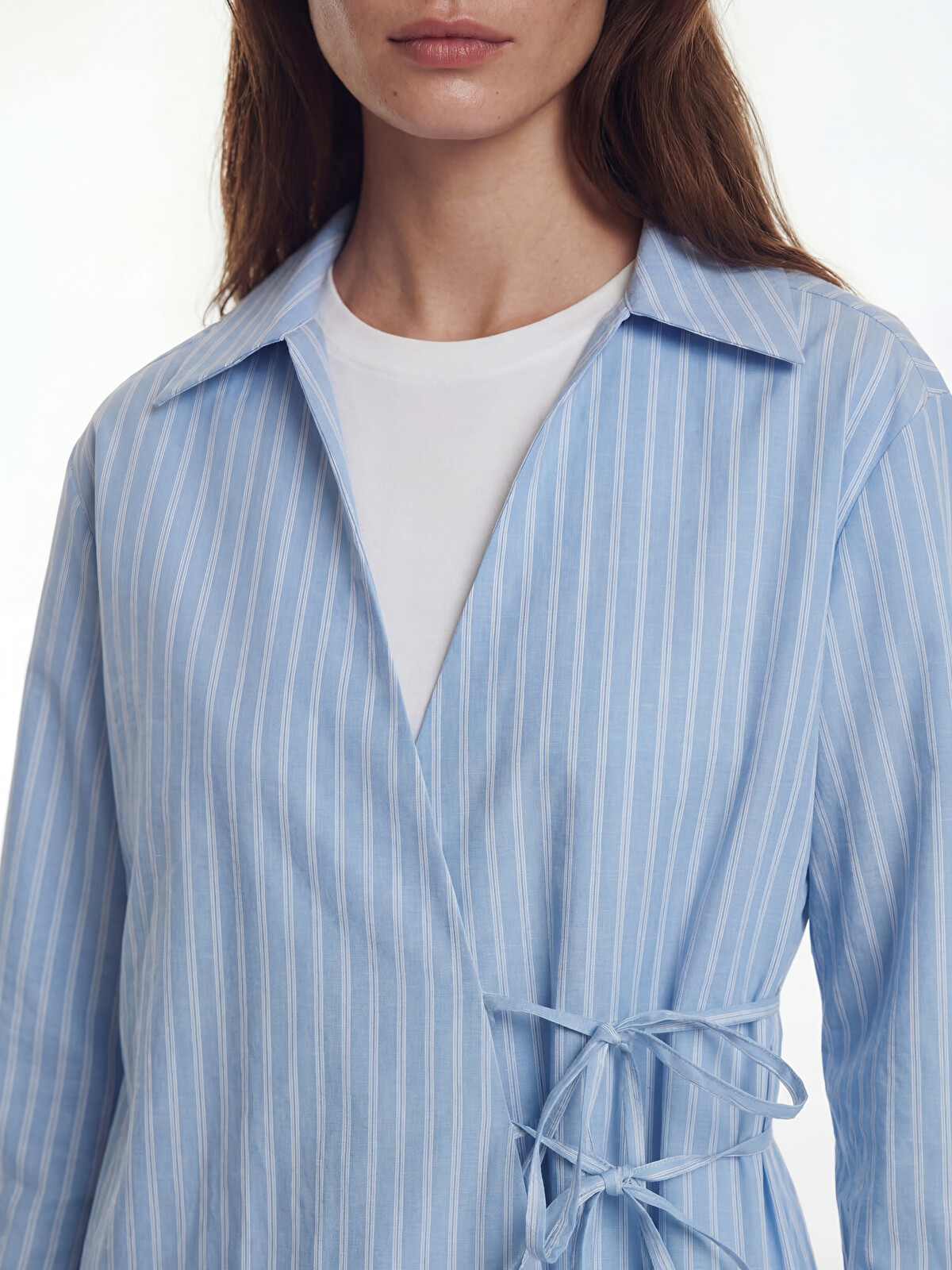 LCW Modest Mavi Kruvaze Yaka Çizgili Poplin Kadın Tunik - S6LR48Z8