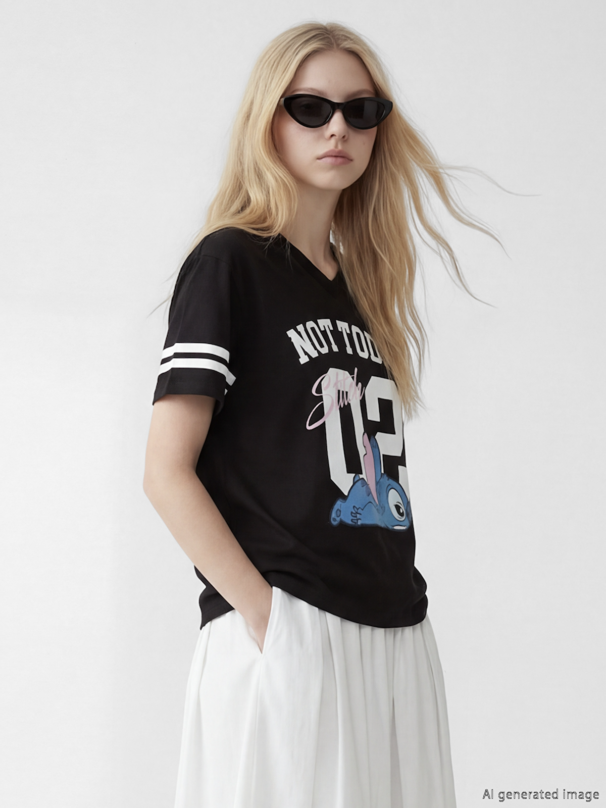Takeshi様 XSIDE Siyah V Yaka Stitch Baskılı Oversize Kadın Tişört - S6LS17Z8