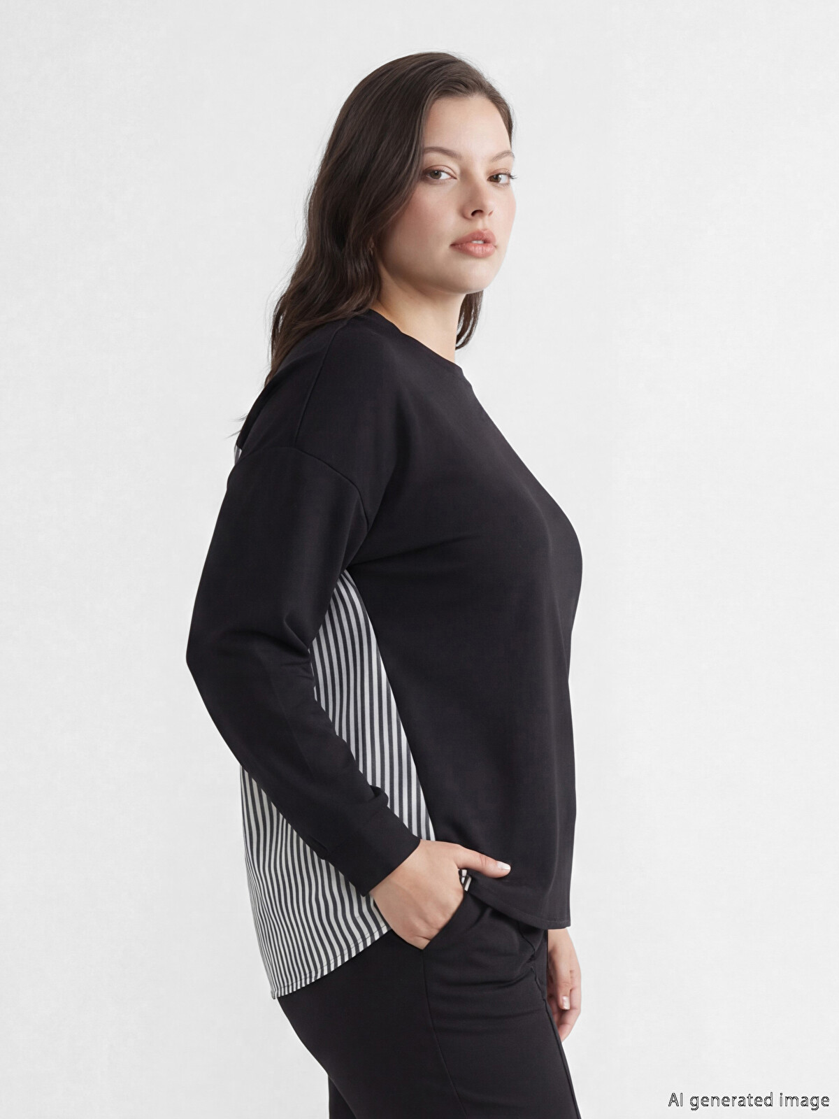 LCW Comfort Siyah Çizgili Soft Touch Oversize Kadın Sweatshirt