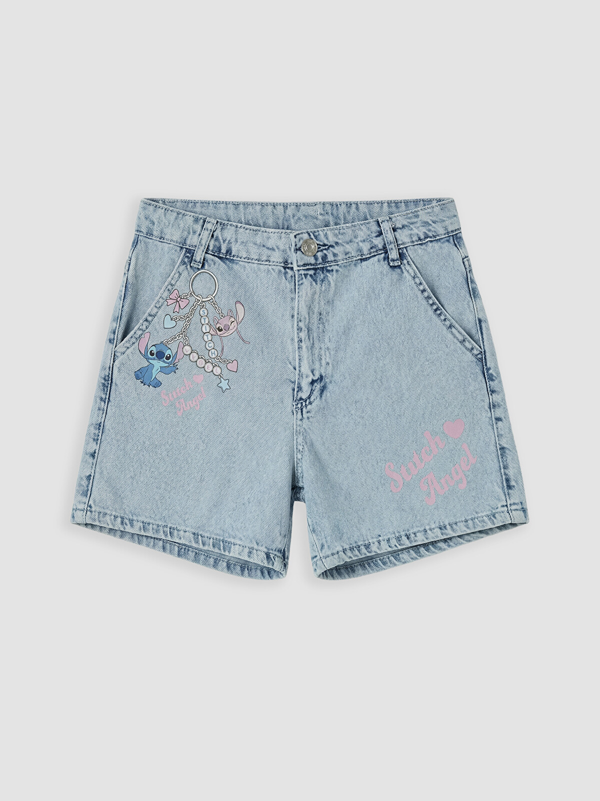 LCW Kids Mavi Stitch ve Angel Baskılı Kız Çocuk Jean Şort