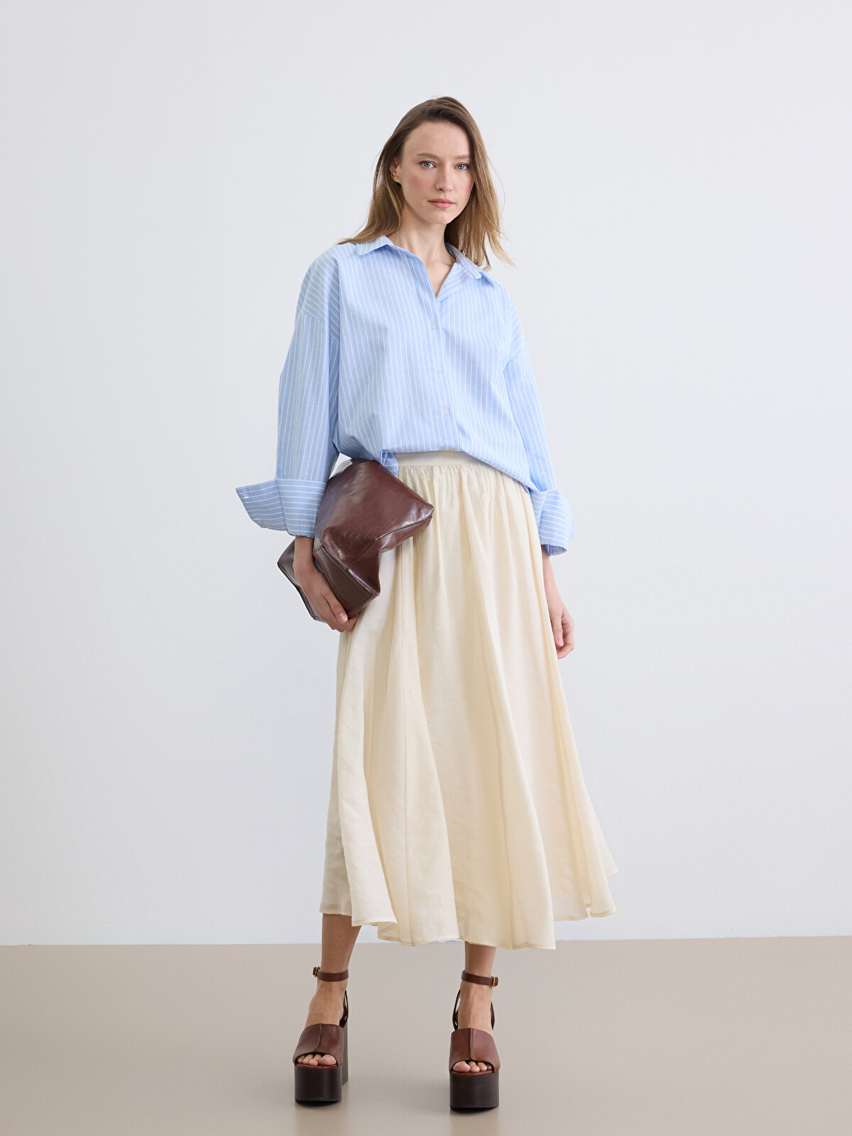 LCW Vision Striped Oversized Oxford Women's Shirt - S6M519Z8-LEN