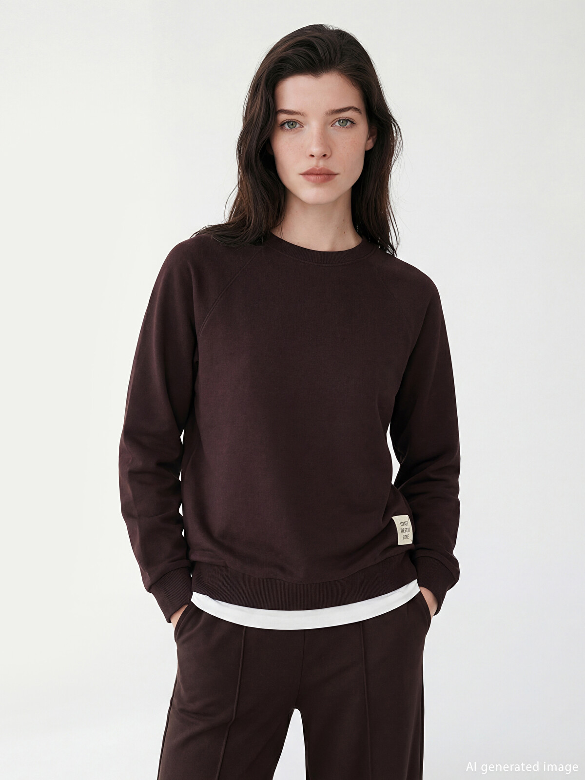 LCW Comfort Kahverengi Bisiklet Yaka Baskılı Oversize Kadın