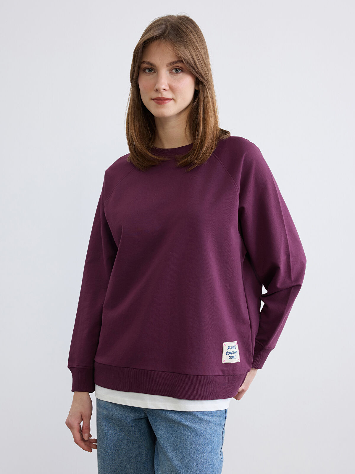 LCW Comfort Bisiklet Yaka Baskılı Oversize Kadın Sweatshirt