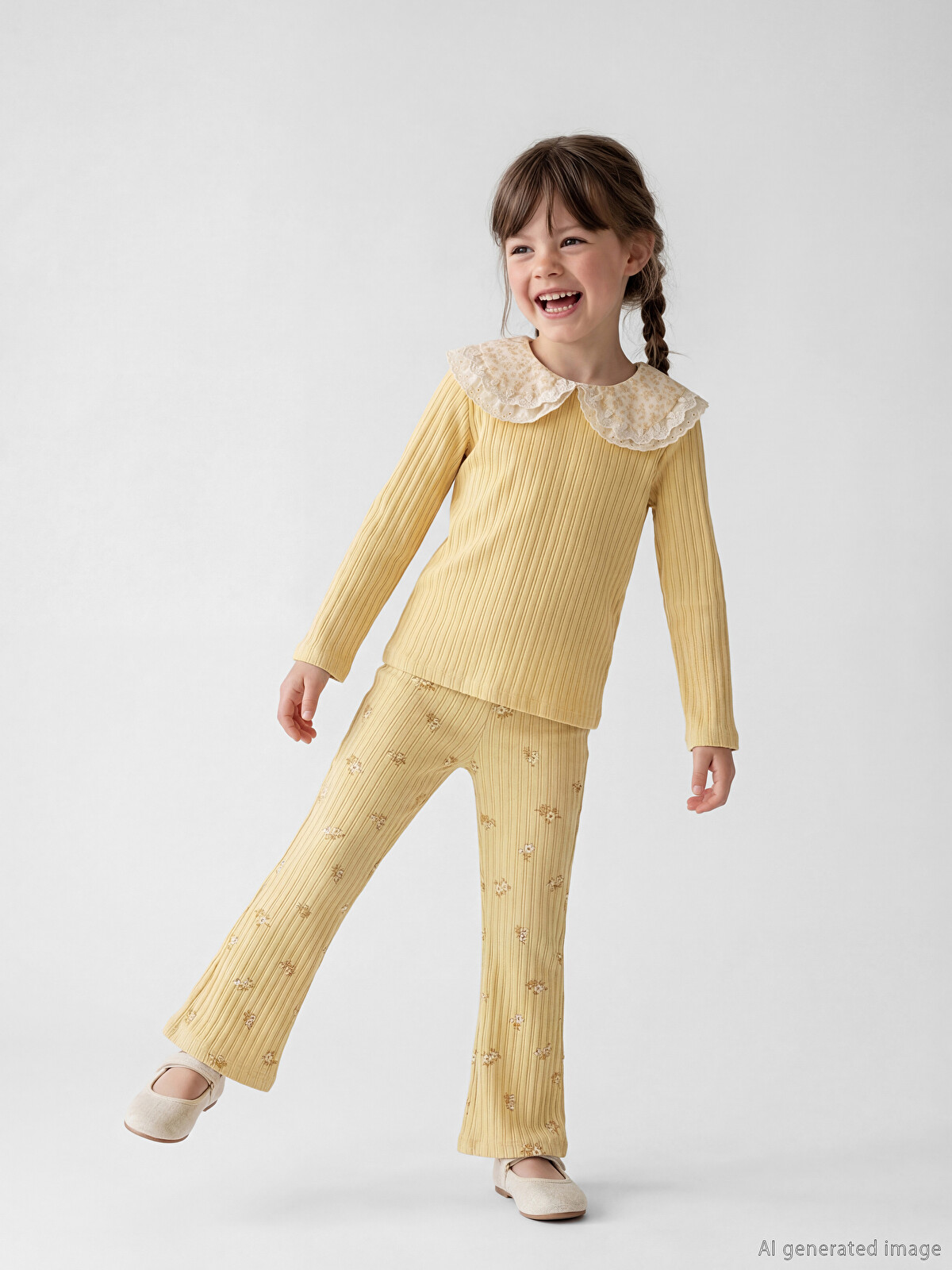 LCW Kids Sarı Çiçek Desenli Kız Çocuk Fitilli Bluz Ve Tayt