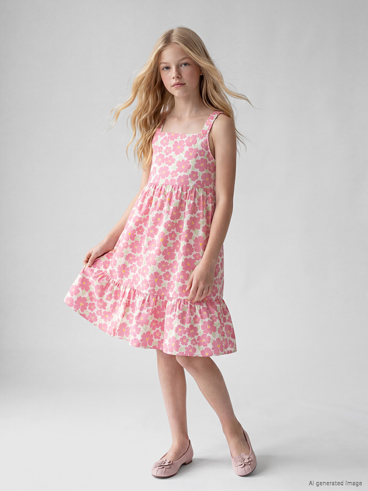 LCW Kids Pembe Kare Yaka Çiçekli Kız Çocuk Poplin Elbise