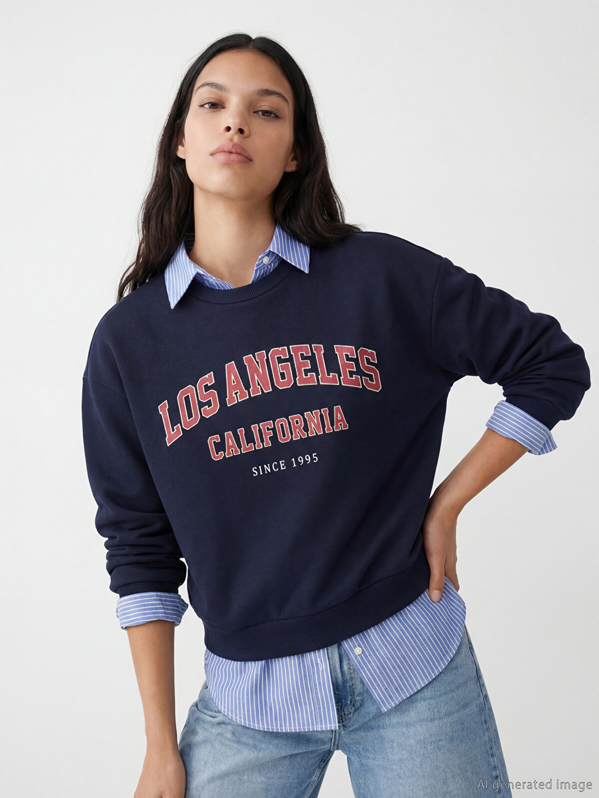 XSIDE Lacivert Los Angeles Baskılı Kadın Kalın Sweatshirt