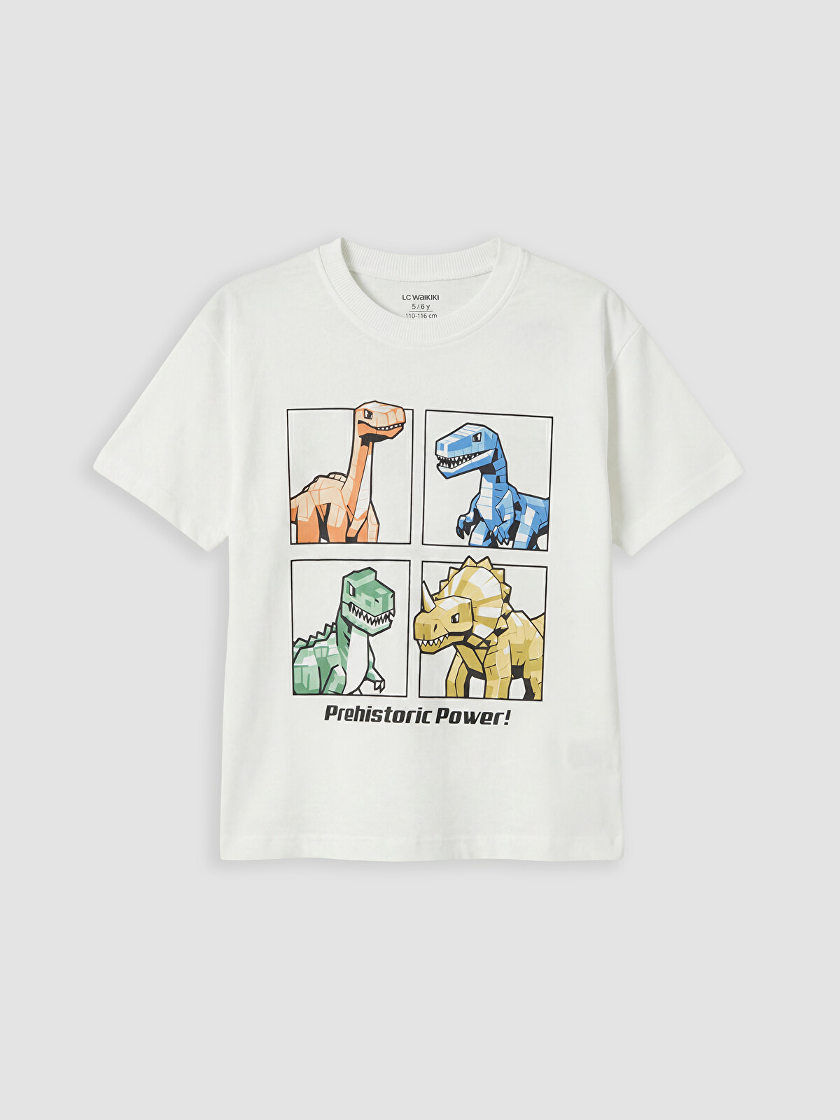 LCW Kids Beyaz Bisiklet Yaka Dinozor Baskılı Erkek Çocuk Tişört