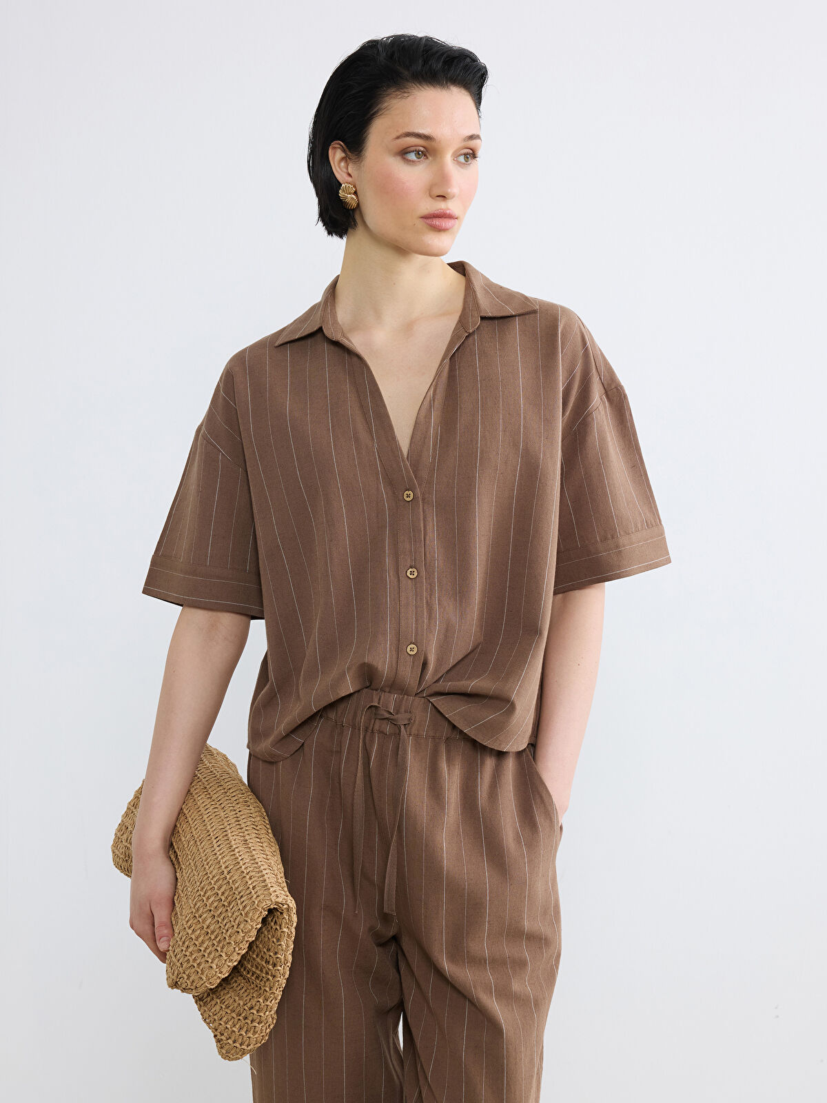 LCW Vision Striped Linen Blend Women's Shirt - S6ME41Z8-LEW - LC