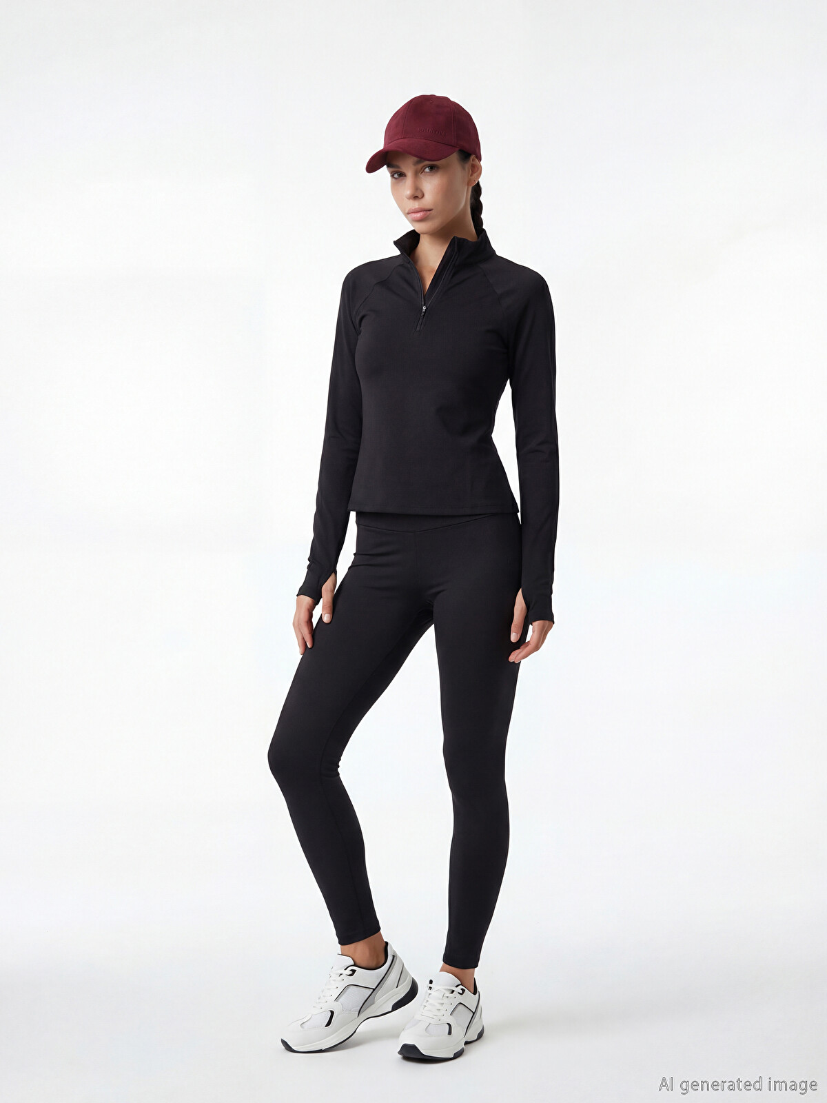 KOOR SPORT Siyah Dik Yaka Parmak Geçmeli Kadın Spor Body