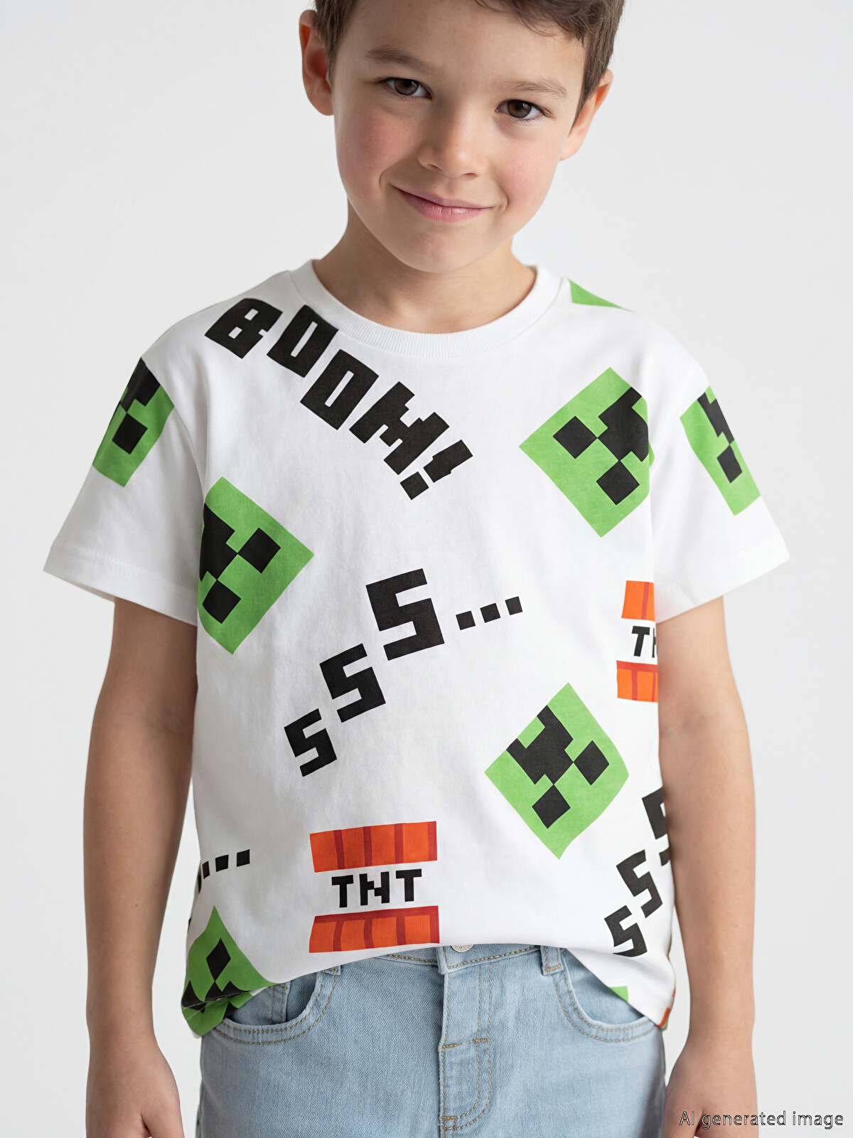LCW Kids Beyaz Minecraft Baskılı Erkek Çocuk Tişört - S6MH88Z1-LU7