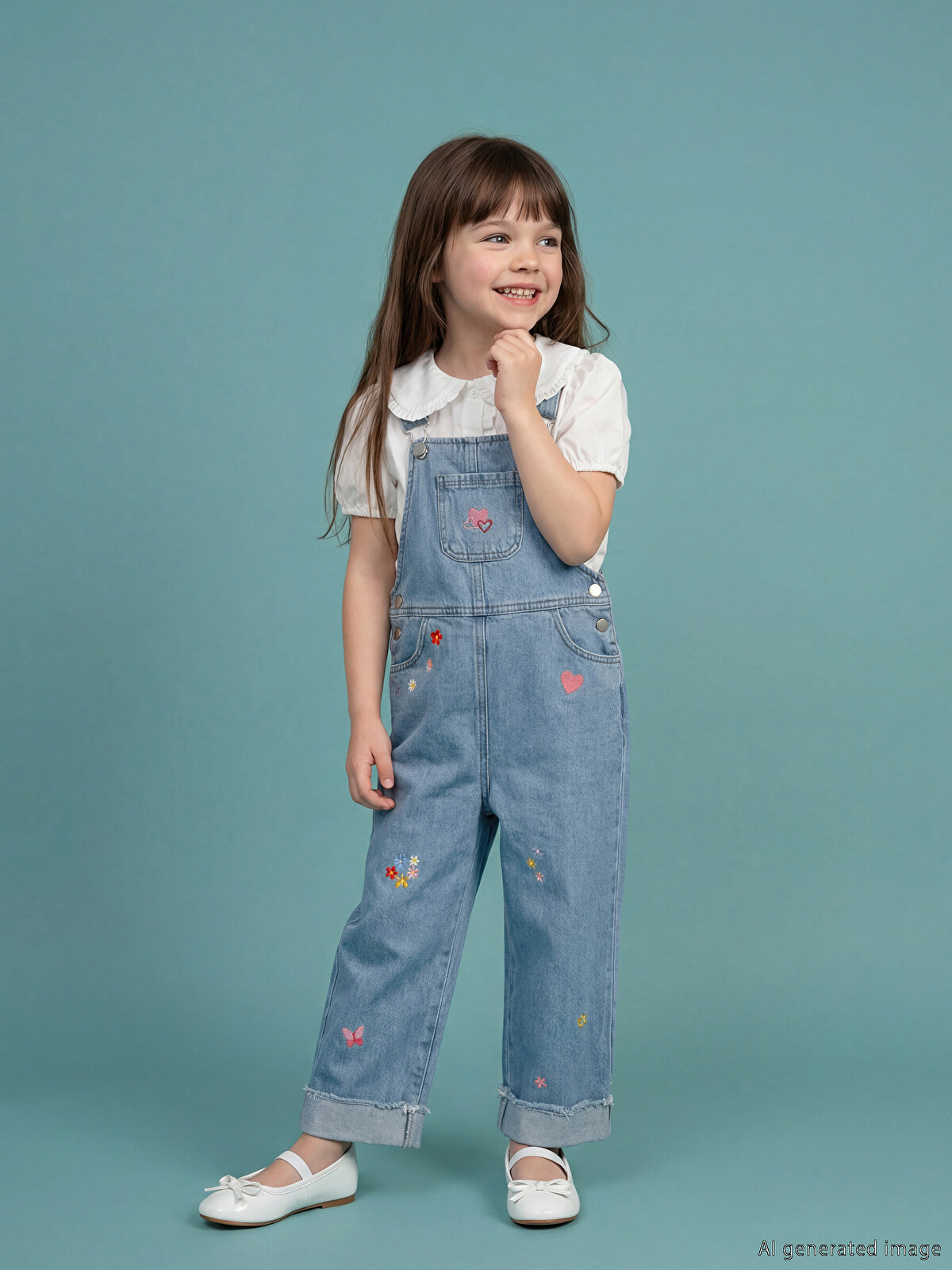 LCW Kids Embroidered Girls' Denim Dungaree - S6MI56Z1-507 | LC Waikiki