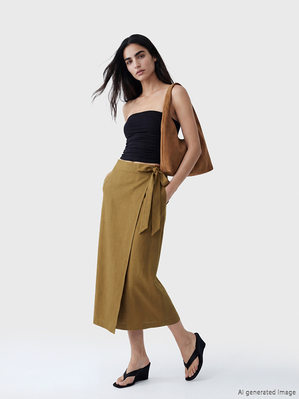 LCW Vision Women's Linen Blend Slit Skirt With Waist Tie