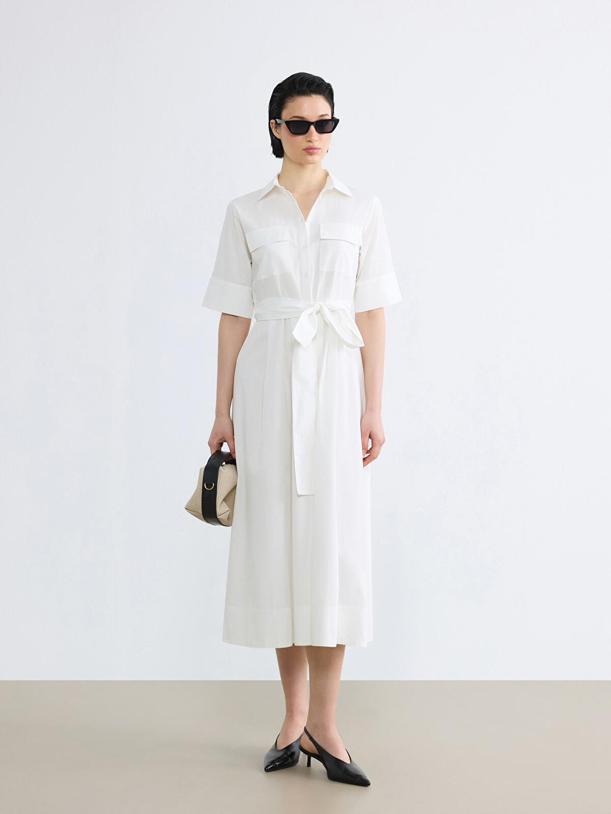 LCW Vision Sash Poplin Shirt Dress - S6MJ60Z8-Q6K | LC Waikiki