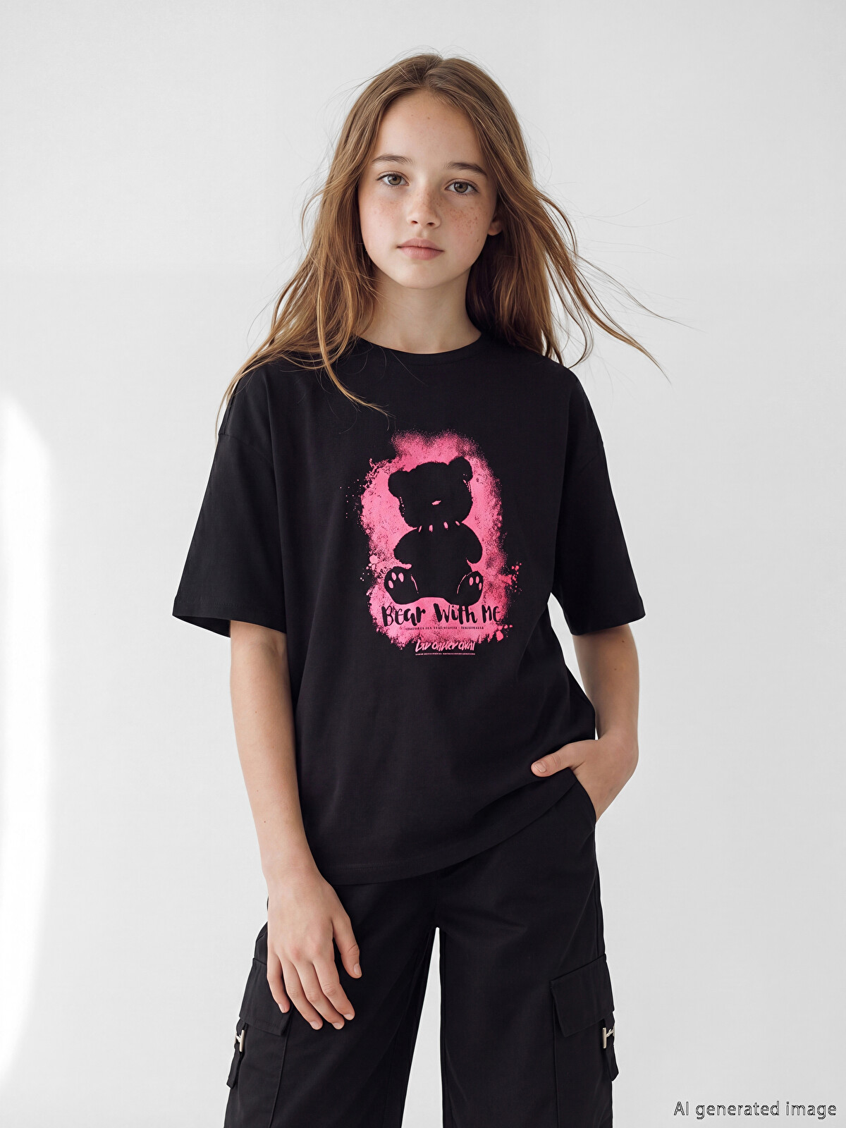 まー⭐︎ LCW Kids Siyah Bisiklet Yaka Baskılı Kız Çocuk Tişört - S6MK20Z4