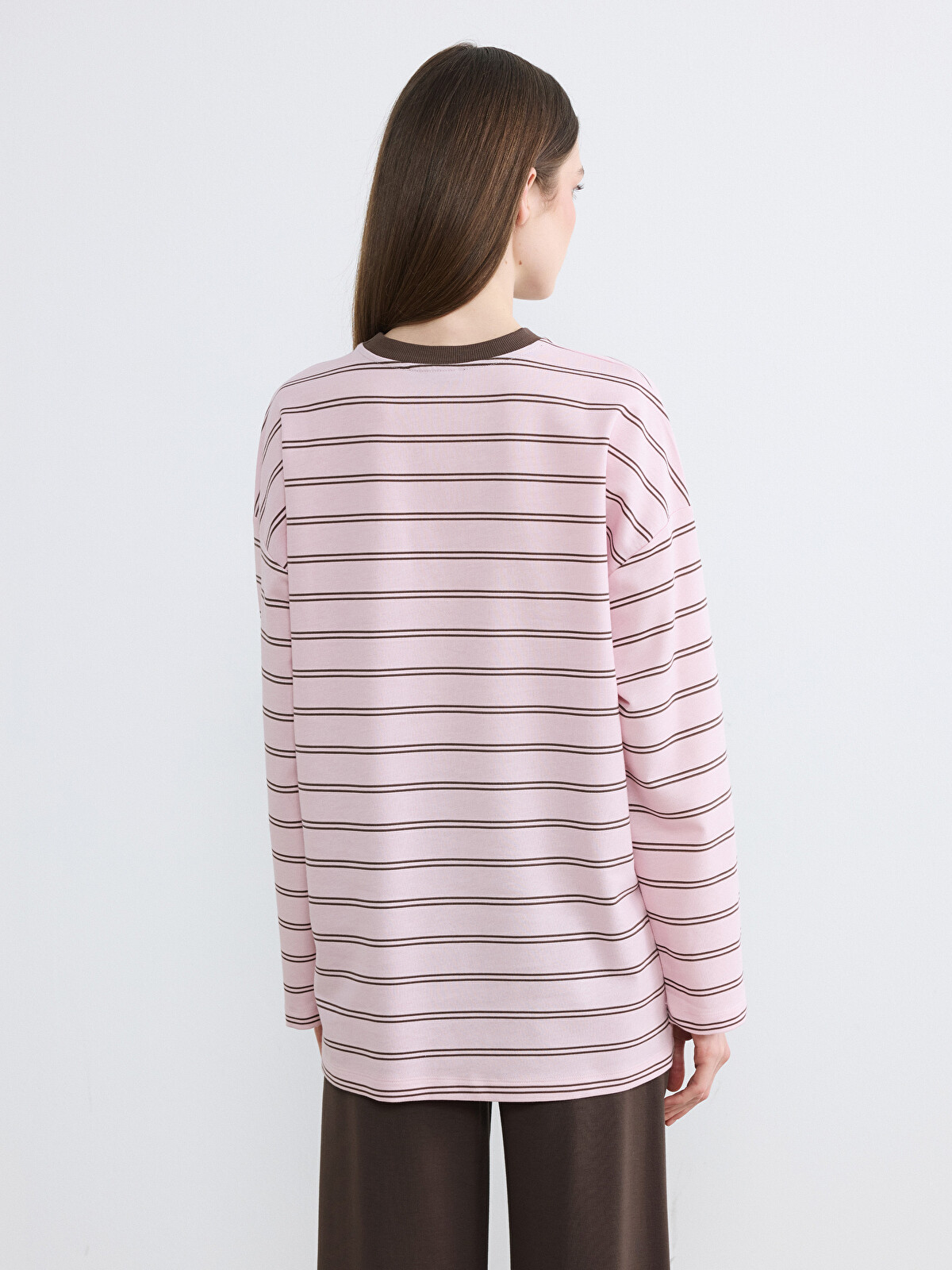 LCW Modest Pembe Bisiklet Yaka Çizgili Oversize Kadın Tunik