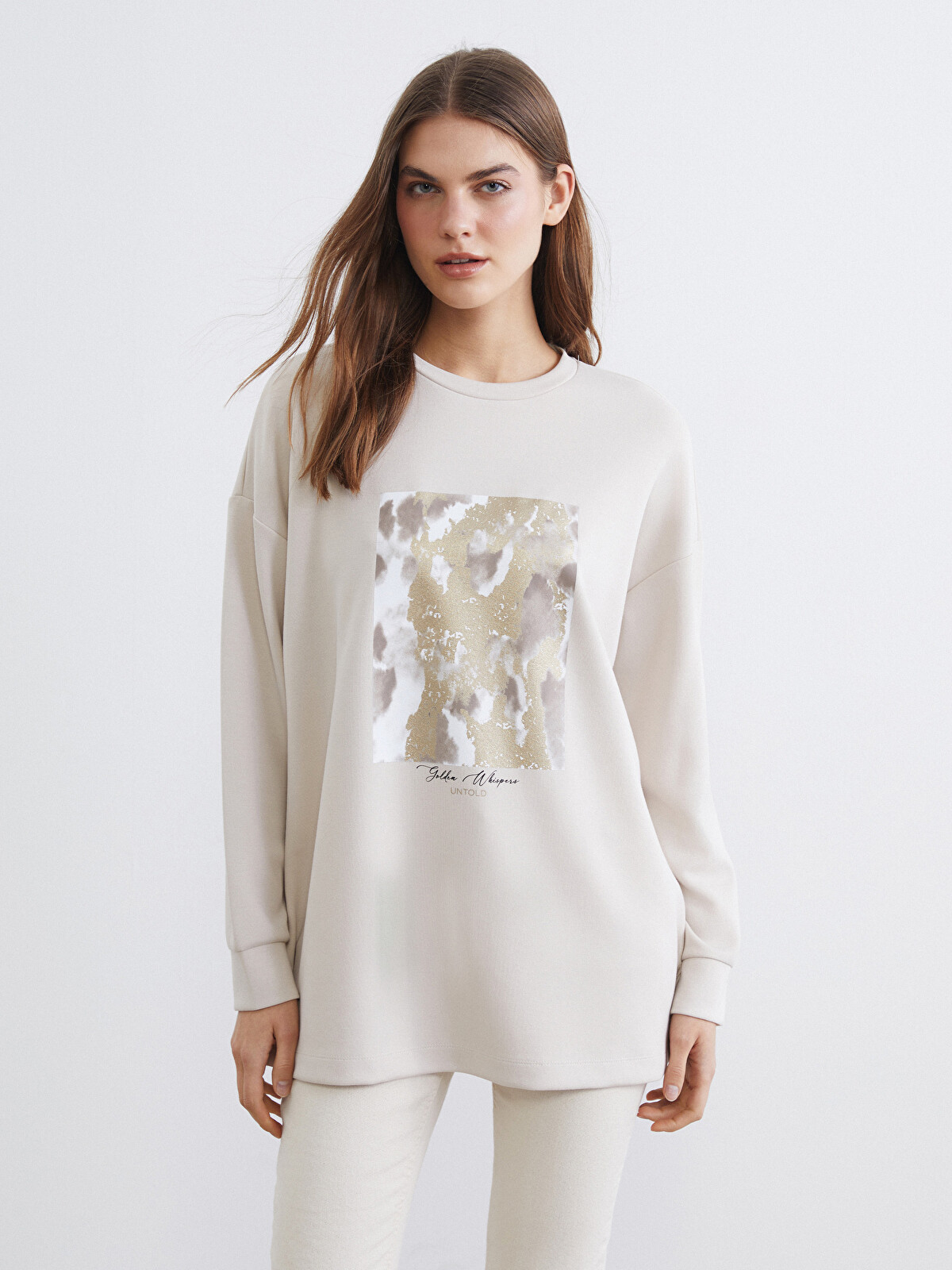LCWAIKIKI Classic Gri Baskılı Soft Touch Oversize Kadın Sweatshirt