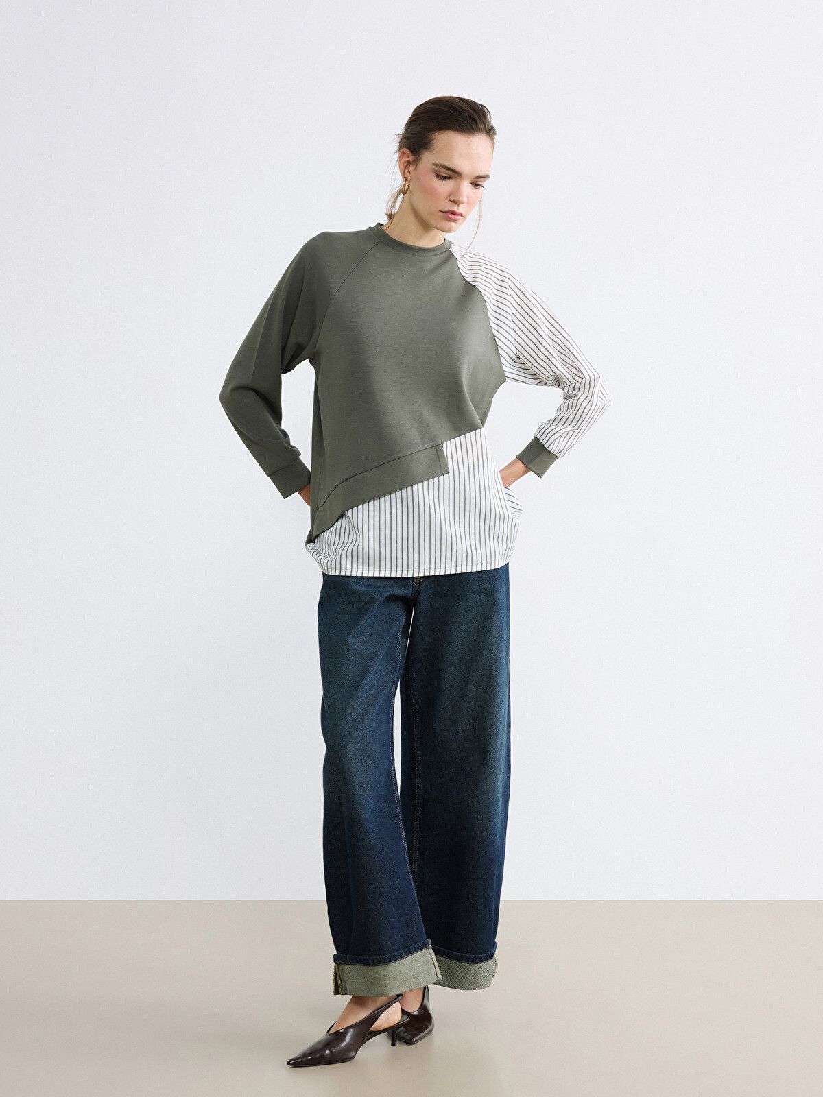 Natuvera Haki Çizgili Standart & Regular Kadın Sweatshirt Tunik