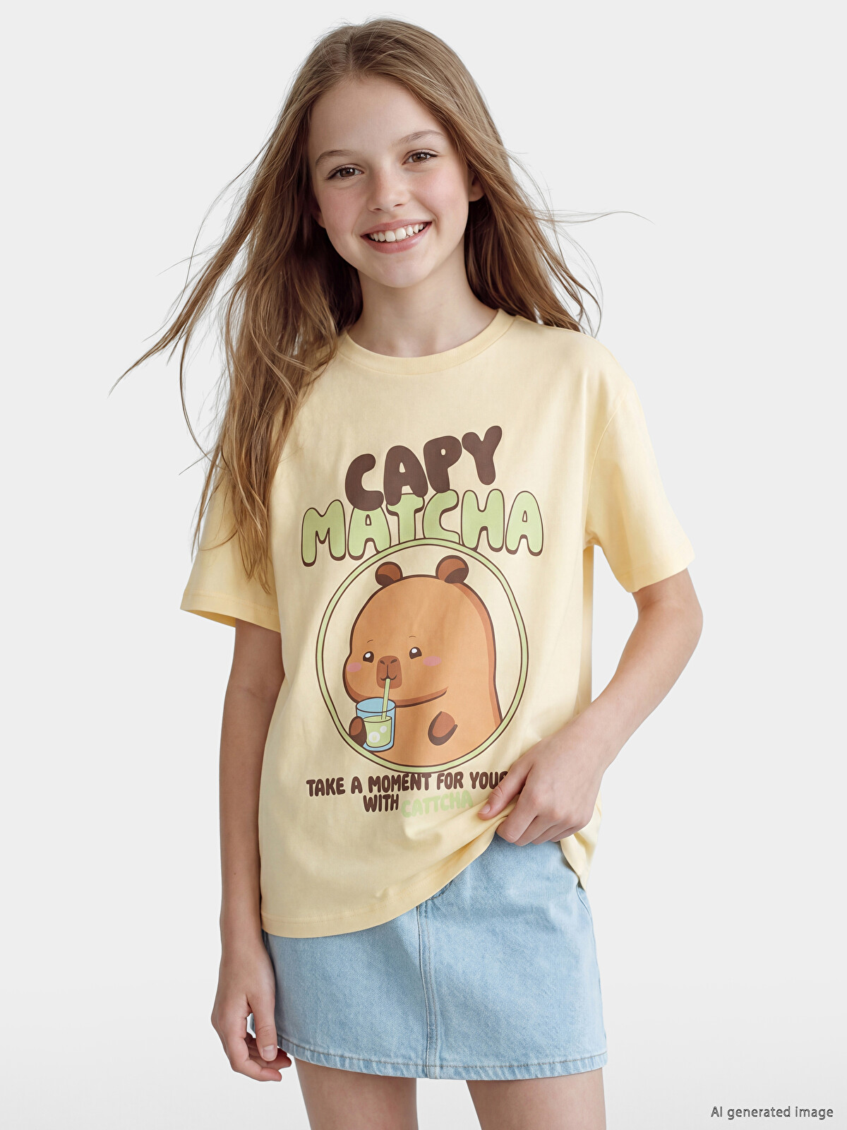 2013♡ LCW Kids Sarı Bisiklet Yaka Capyfun Baskılı Kız Çocuk Tişört