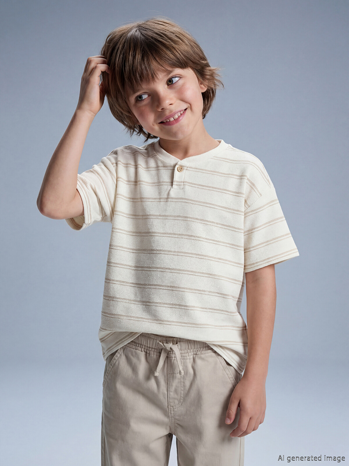 まっつページ LCW Kids Bej Bisiklet Yaka Çizgili Erkek Çocuk Tişört - S6N824Z1