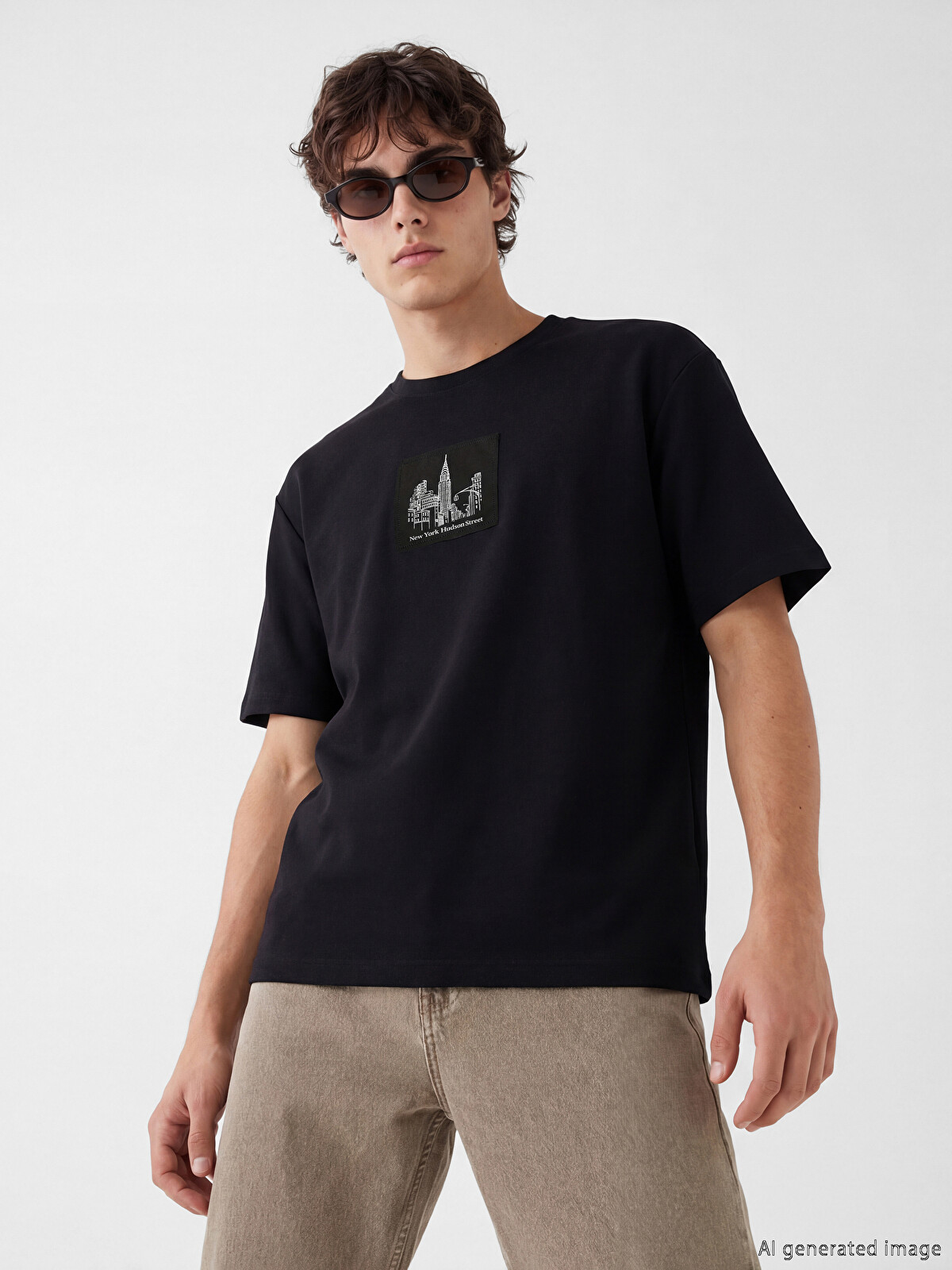 XSIDE Siyah Oversize Bisiklet Yaka New York Baskılı Erkek Tişört