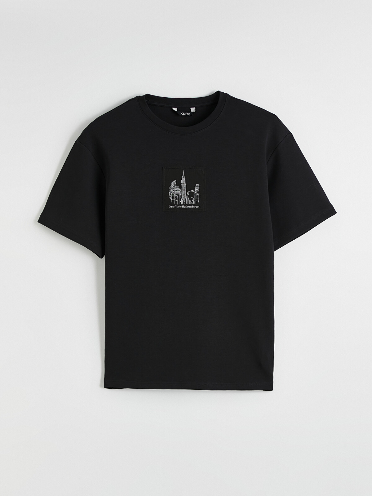 XSIDE Siyah Oversize Bisiklet Yaka New York Baskılı Erkek Tişört