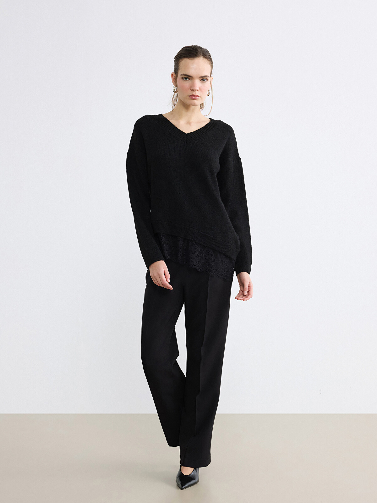 LCW Vision V-Neck Knit Sweater with Lace Detail - S6NC79Z8-CVL