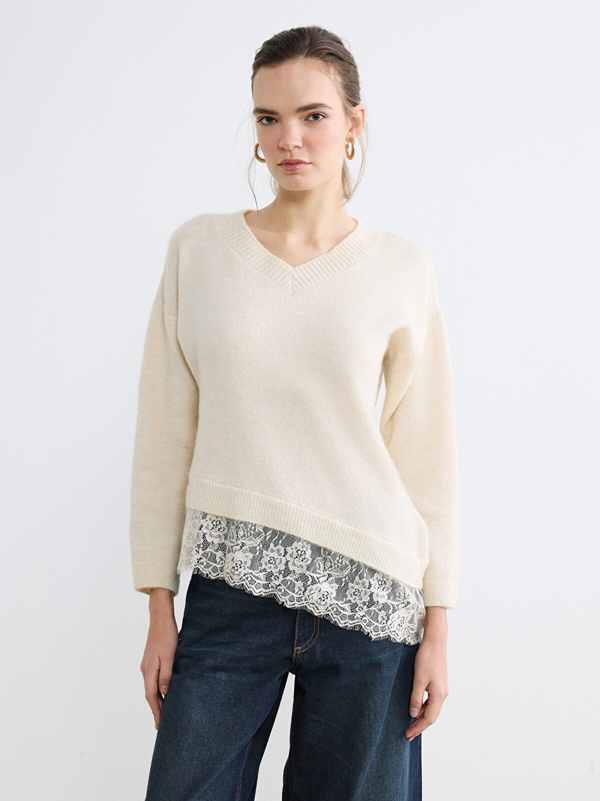 LCW Vision V-neck Knit Sweater With Lace Detail - S6NC79Z8-R9J