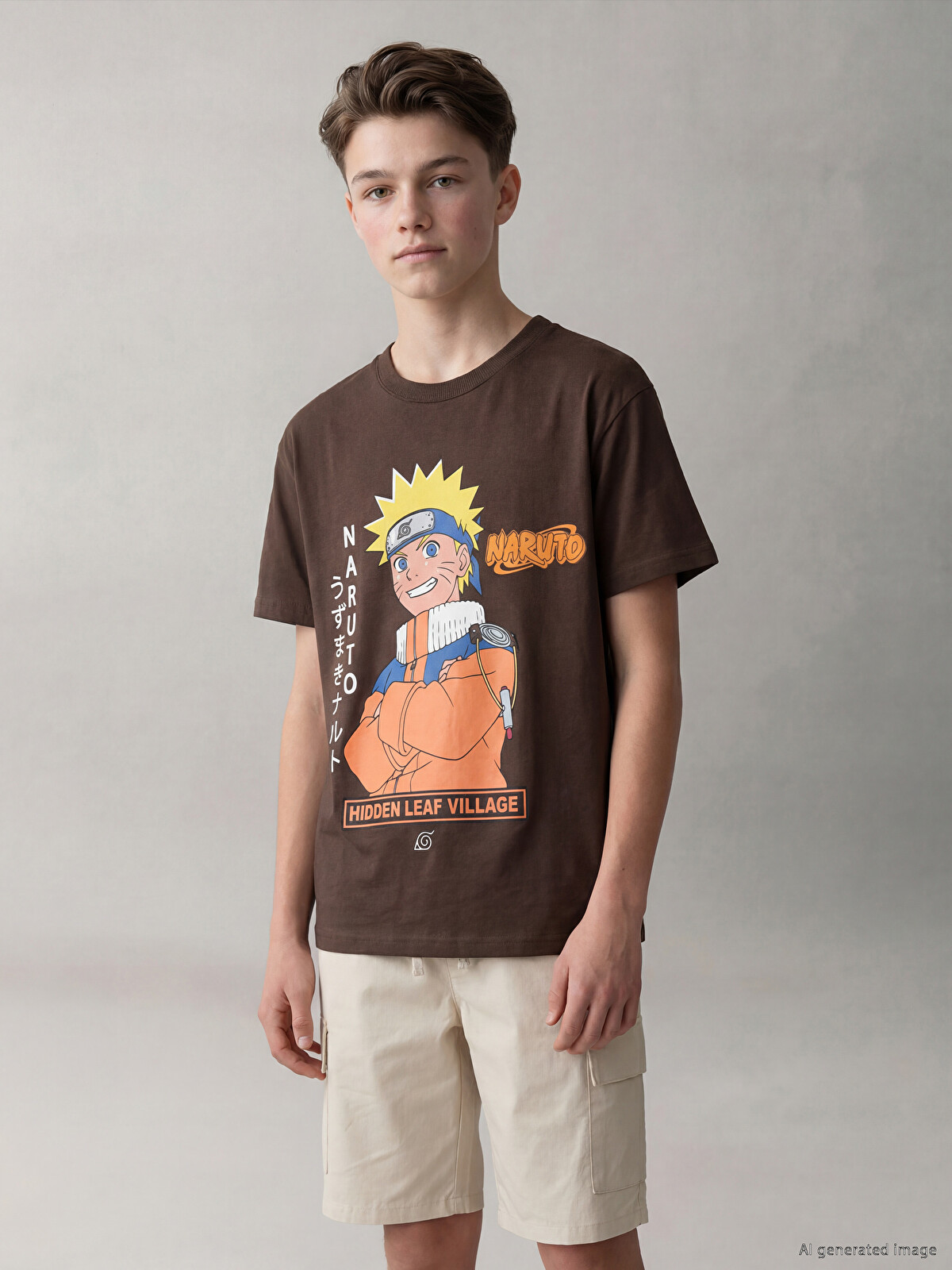 なるとろ LCW Kids Kahverengi Bisiklet Yaka Naruto Baskılı Erkek Çocuk