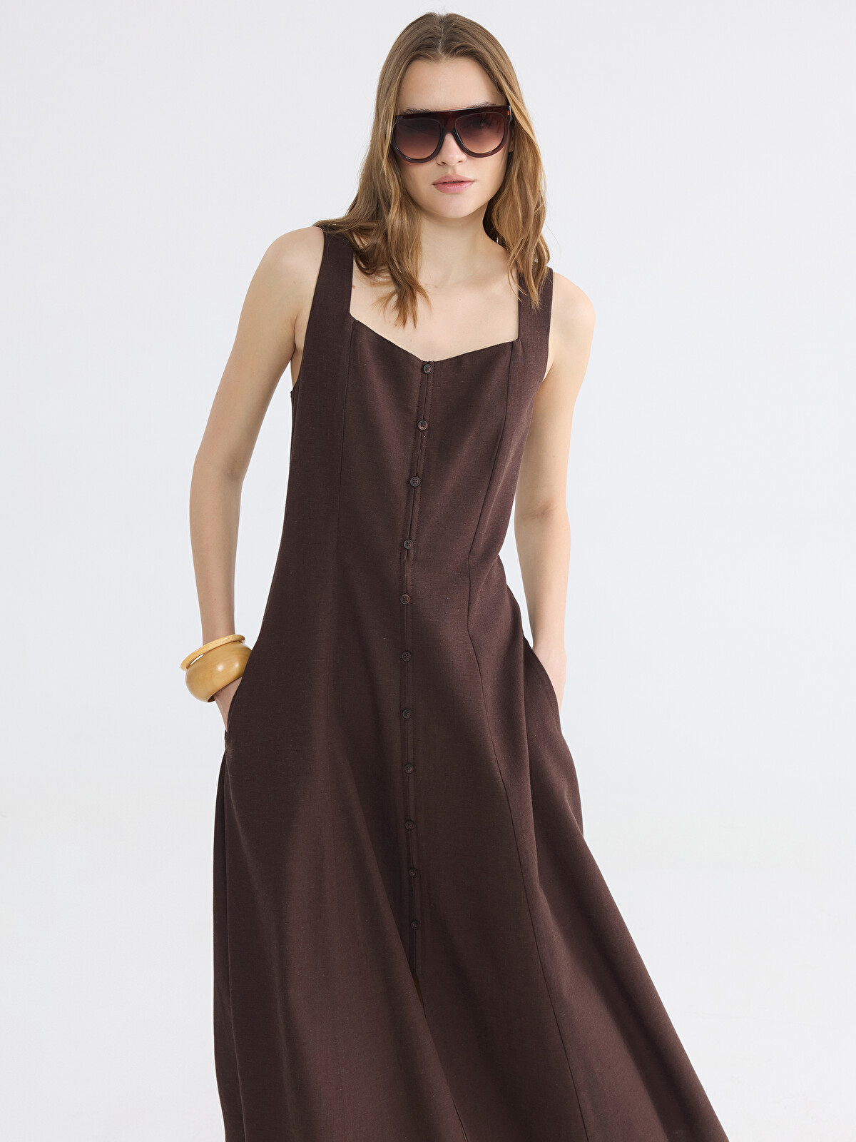 LCW EVERYDAY Square Neck A-line Linen Blend Dress - S6NJ60Z8-HEH