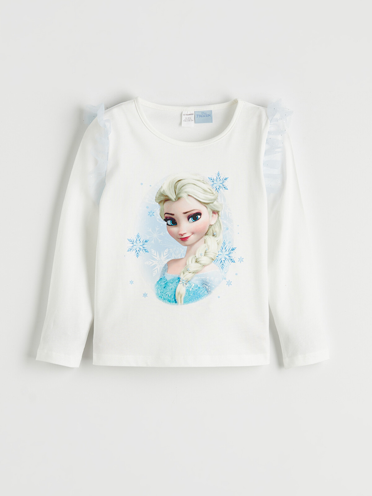 LCW Kids Beyaz Elsa Baskılı Fırfırlı Kız Çocuk Tişört - S6NM28Z1