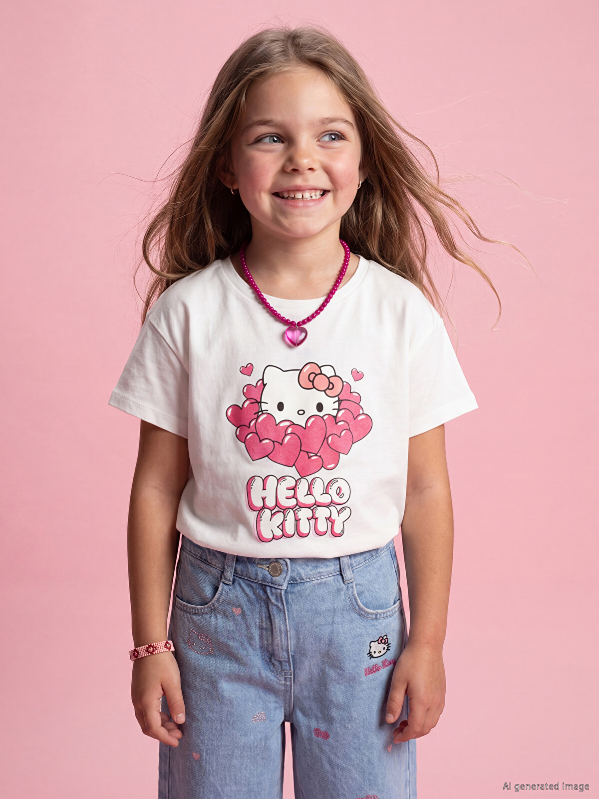 LCW Kids Beyaz Bisiklet Yaka Hello Kitty Baskılı Kız Çocuk Tişört