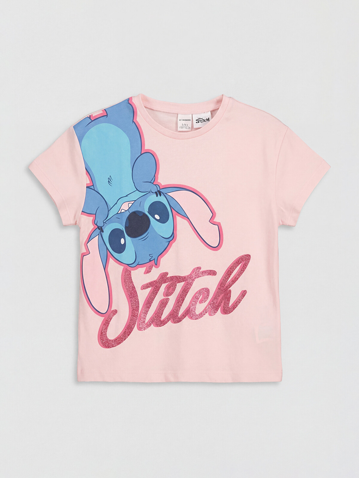 LCW Kids Pembe Bisiklet Yaka Lilo & Stitch Baskılı Kız Çocuk