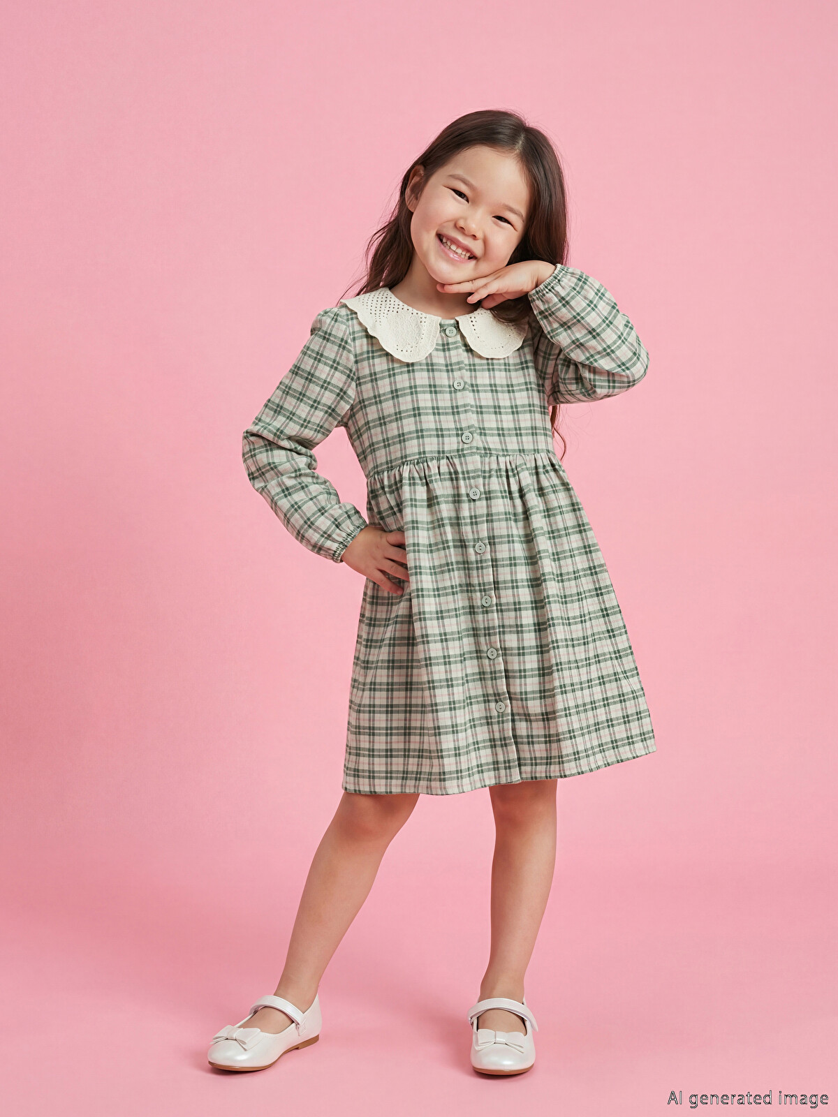 LCW Kids Yeşil Bebe Yaka Ekose Flanel Kız Çocuk Elbise - S6O299Z1