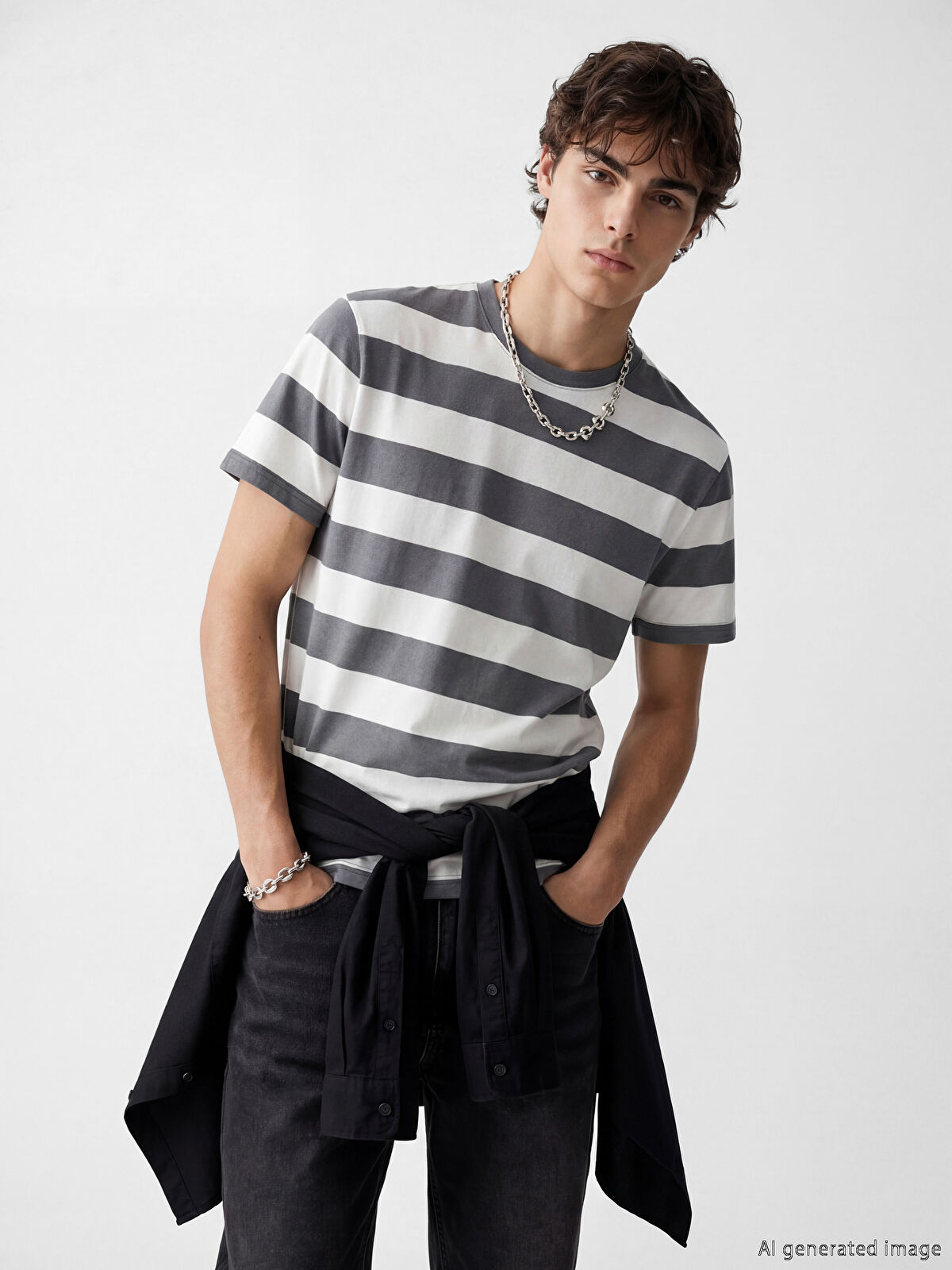 XSIDE Gri Bisiklet Yaka Çizgili Erkek Tişört - S6OC64Z8-LRX | LCW