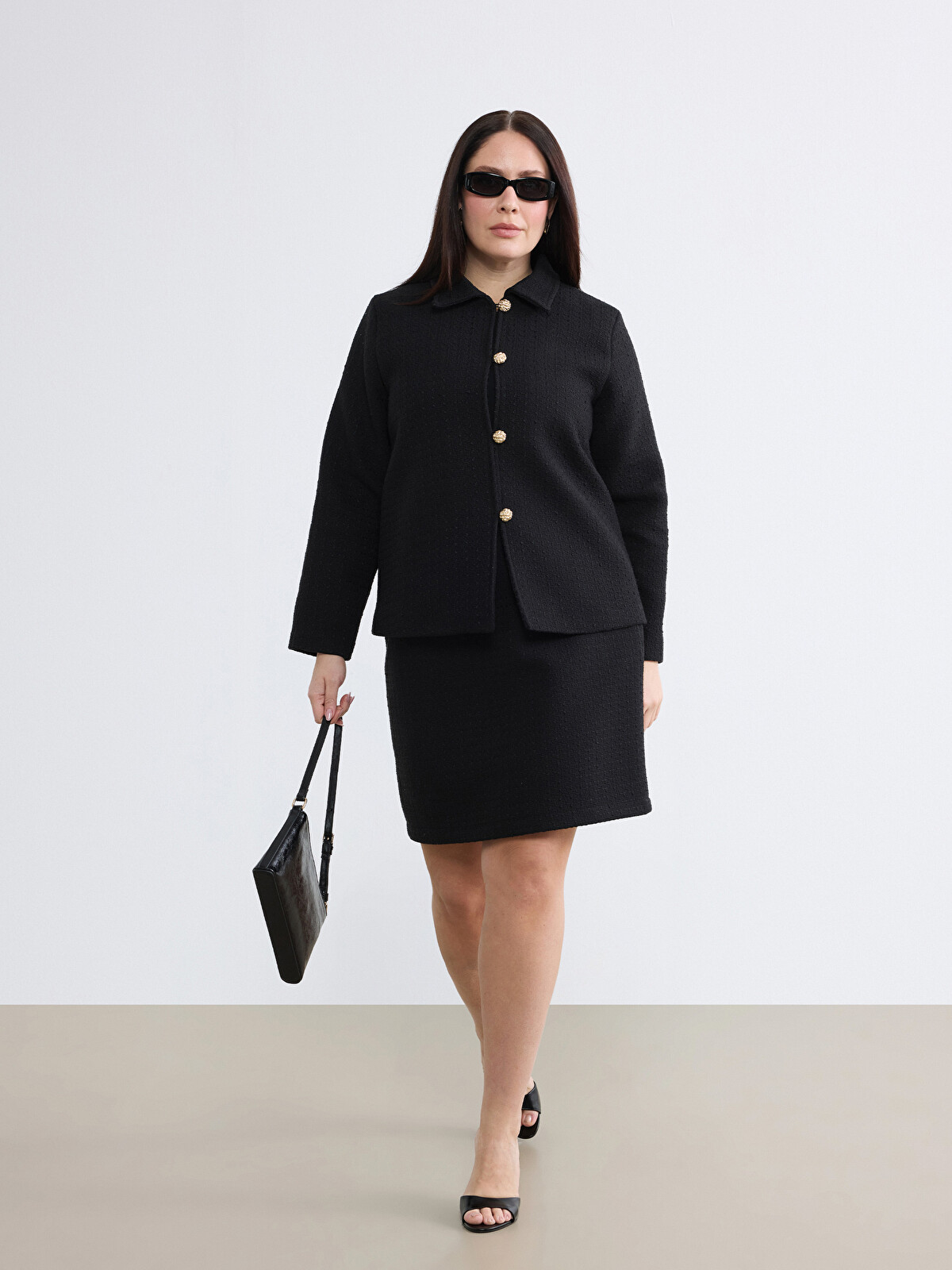Soulife Plus Size Collared Neck Textured Women's Tweed Jacket